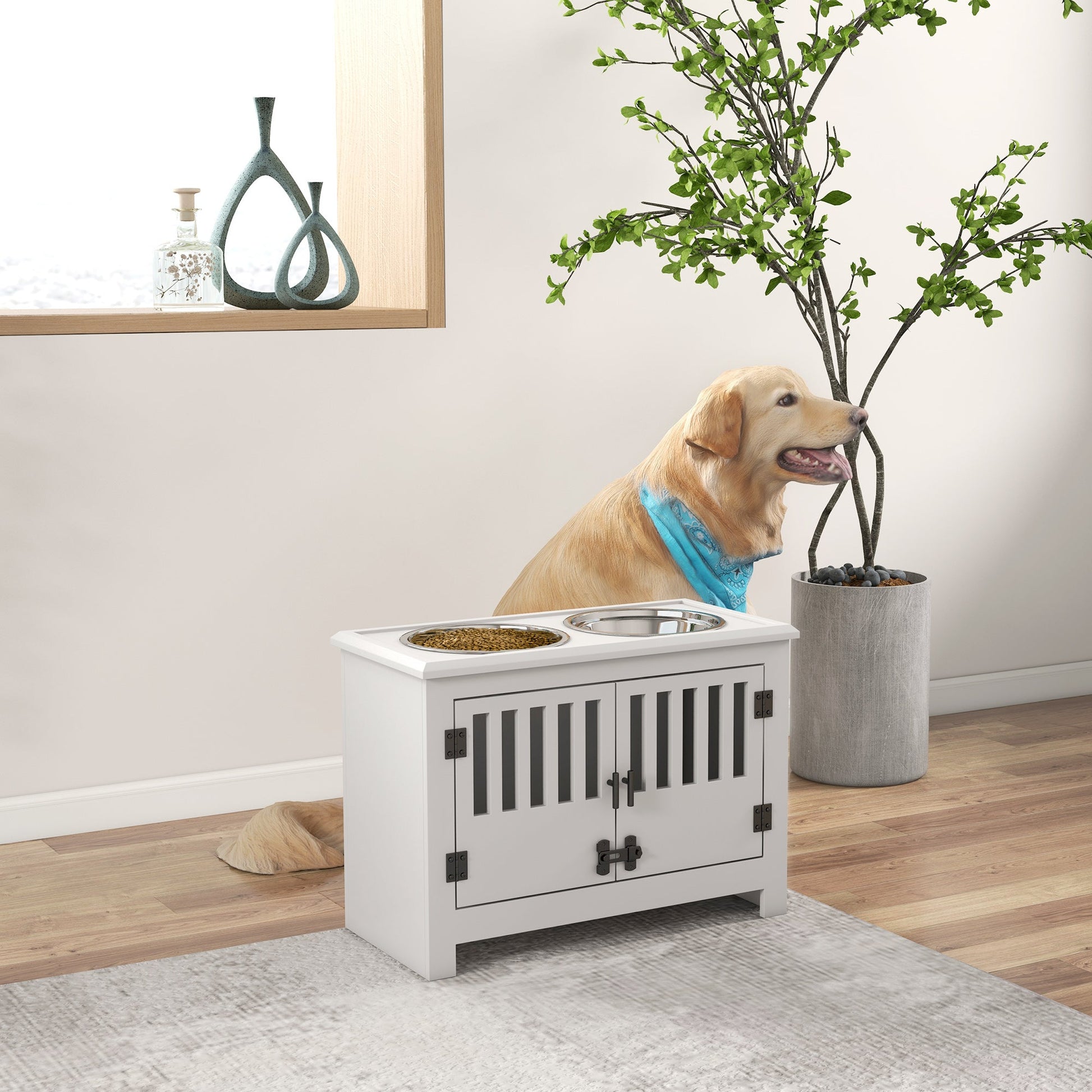 Raised Dog Bowls for Large Dogs, Pet Feeding Station, Doors with Latch, Storage Cabinet, Two Stainless Steel Bowls - White