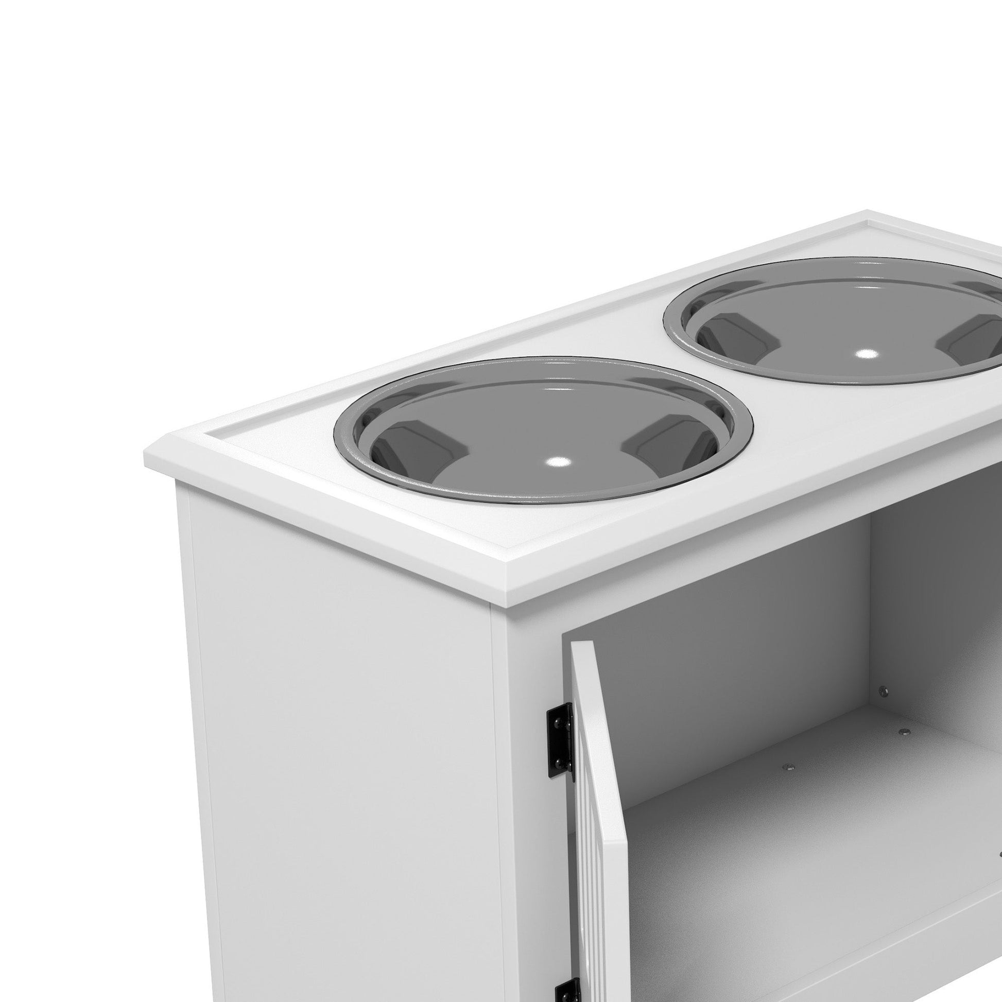 Raised Dog Bowls for Large Dogs, Pet Feeding Station, Doors with Latch, Storage Cabinet, Two Stainless Steel Bowls - White