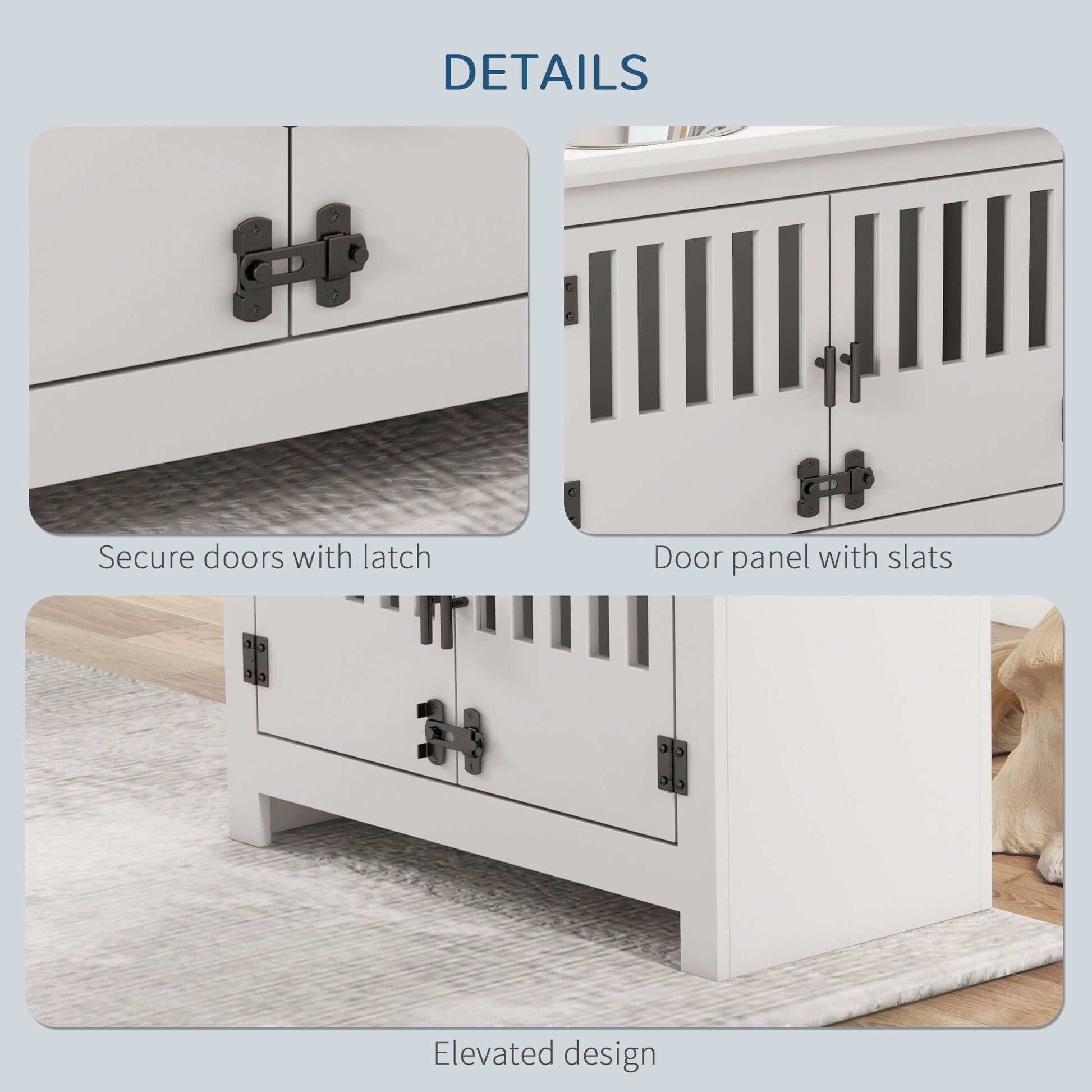 Raised Dog Bowls for Large Dogs, Pet Feeding Station, Doors with Latch, Storage Cabinet, Two Stainless Steel Bowls - White