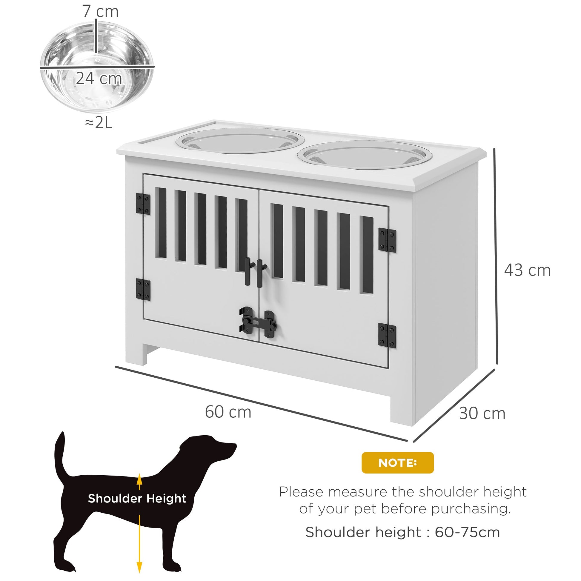 Raised Dog Bowls for Large Dogs, Pet Feeding Station, Doors with Latch, Storage Cabinet, Two Stainless Steel Bowls - White