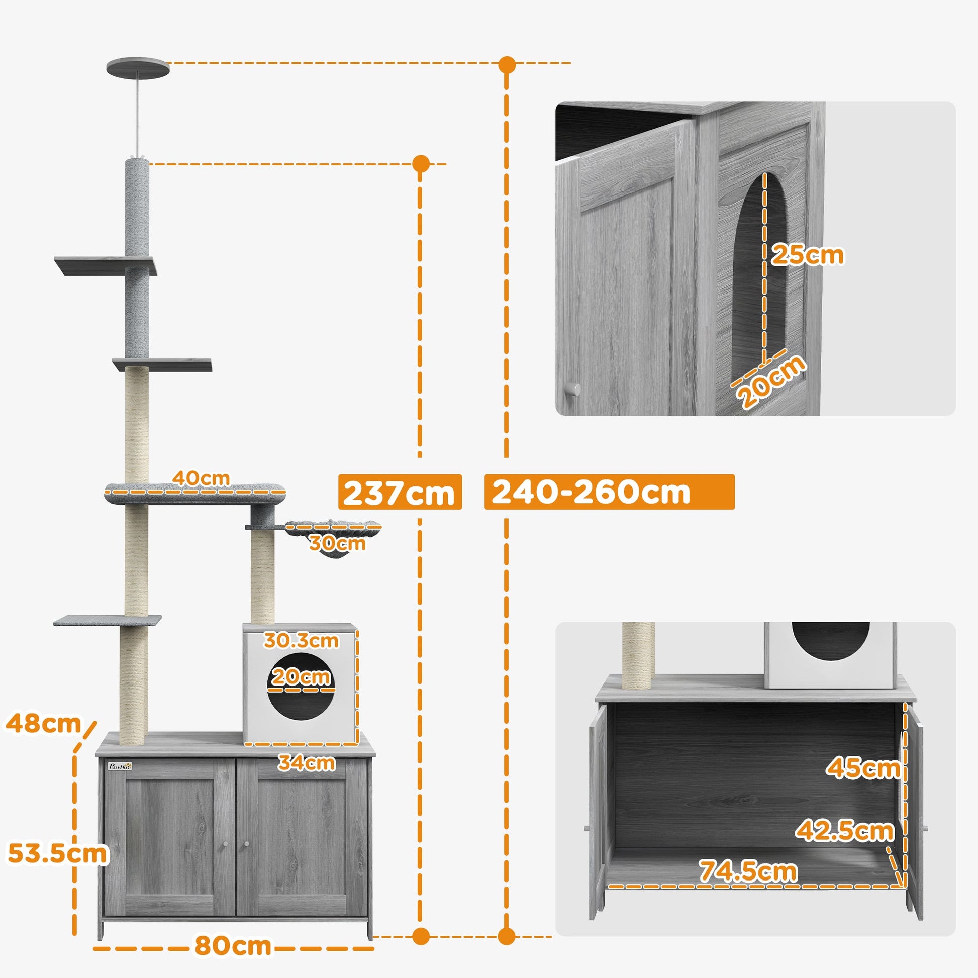 Cat Tree with Hidden Litter Box, 2-in-1 Floor-to-Ceiling Cat Litter Box Furniture with Cat House, Bed, Hammock, Scratching Posts and Platforms for Indoor Use - Grey