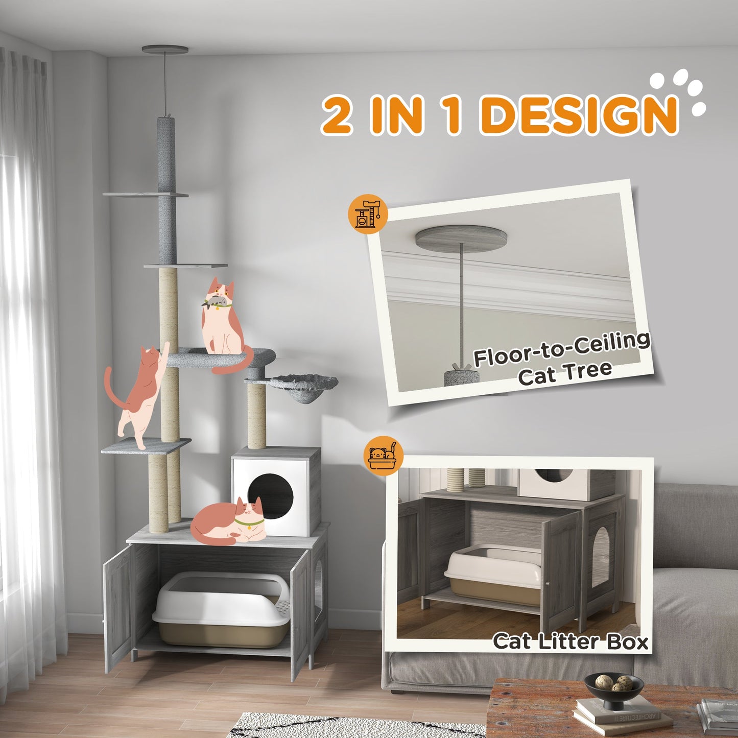 Cat Tree with Hidden Litter Box, 2-in-1 Floor-to-Ceiling Cat Litter Box Furniture with Cat House, Bed, Hammock, Scratching Posts and Platforms for Indoor Use - Grey