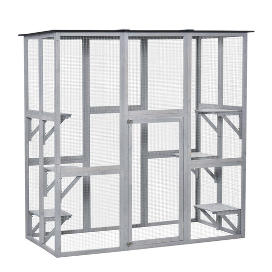 Large Outdoor Cat House, Walk-in Cat Enclosure, Wooden Catio with 6 Jumping Platforms, Waterproof Asphalt Roof