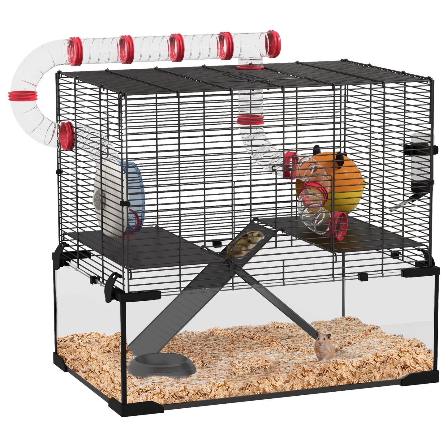 Large Hamster Cage, Gerbil Cage with Deep Glass Bottom, Tunnels, Non-Slip Ramps, Exercise Wheels, Water Bottle, Dish, 60 x 40 x 57cm