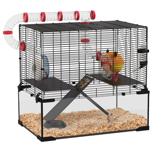 Large Hamster Cage, Gerbil Cage with Deep Glass Bottom, Tunnels, Non-Slip Ramps, Exercise Wheels, Water Bottle, Dish, 60 x 40 x 57cm