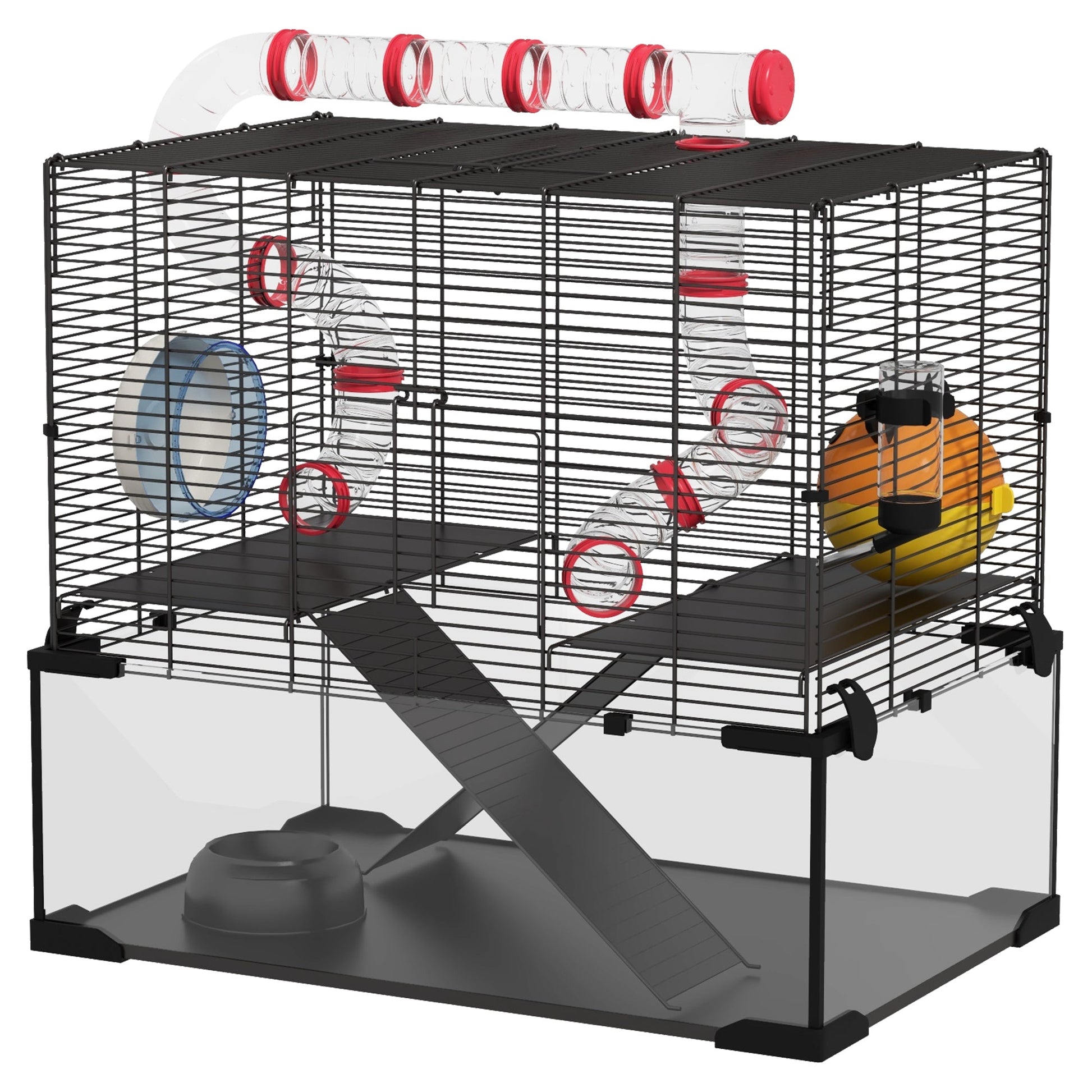 Large Hamster Cage, Gerbil Cage with Deep Glass Bottom, Tunnels, Non-Slip Ramps, Exercise Wheels, Water Bottle, Dish, 60 x 40 x 57cm
