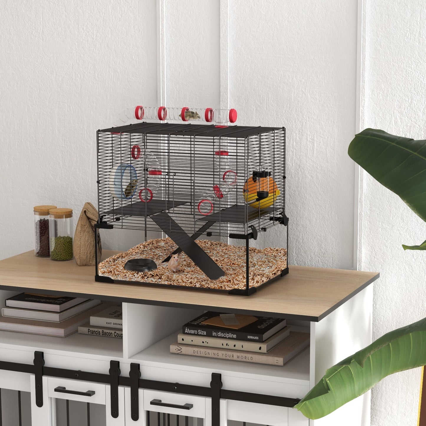 Large Hamster Cage, Gerbil Cage with Deep Glass Bottom, Tunnels, Non-Slip Ramps, Exercise Wheels, Water Bottle, Dish, 60 x 40 x 57cm