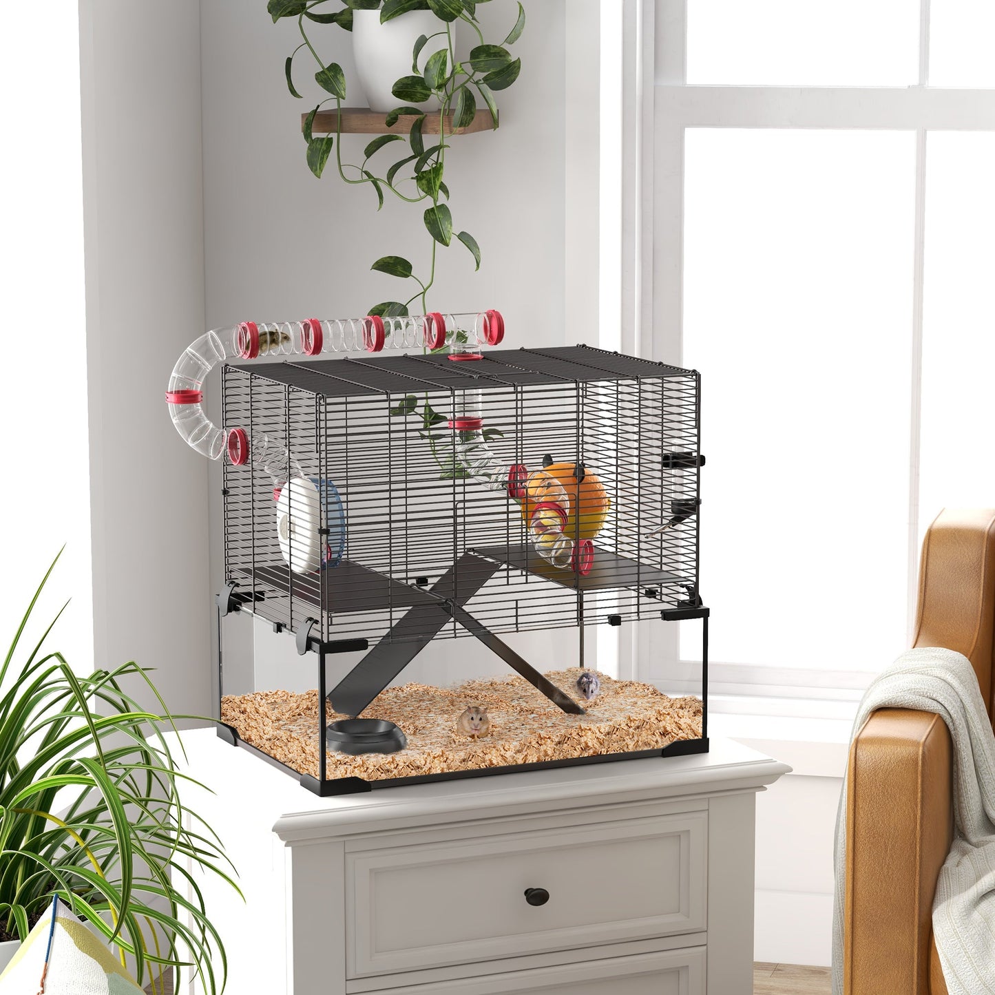 Large Hamster Cage, Gerbil Cage with Deep Glass Bottom, Tunnels, Non-Slip Ramps, Exercise Wheels, Water Bottle, Dish, 60 x 40 x 57cm