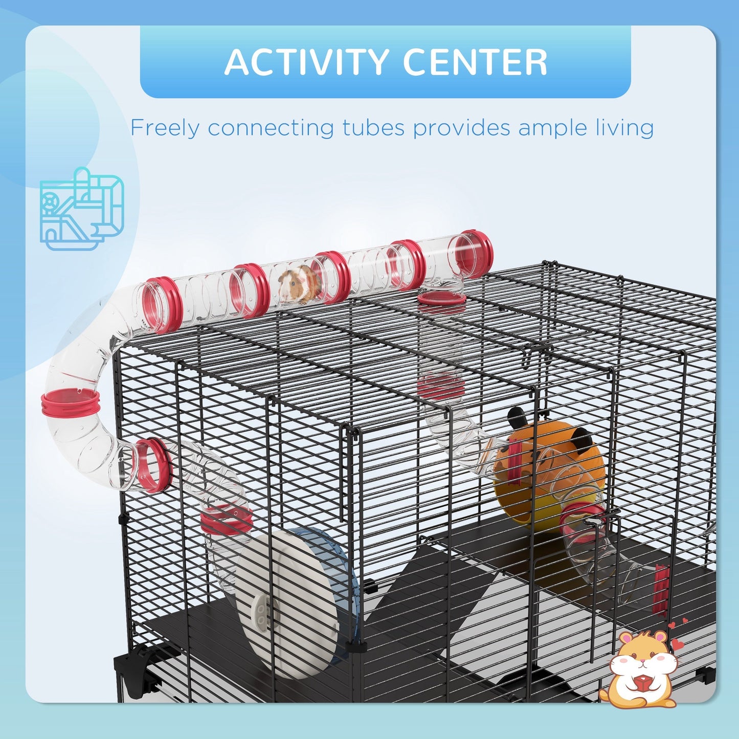 Large Hamster Cage, Gerbil Cage with Deep Glass Bottom, Tunnels, Non-Slip Ramps, Exercise Wheels, Water Bottle, Dish, 60 x 40 x 57cm
