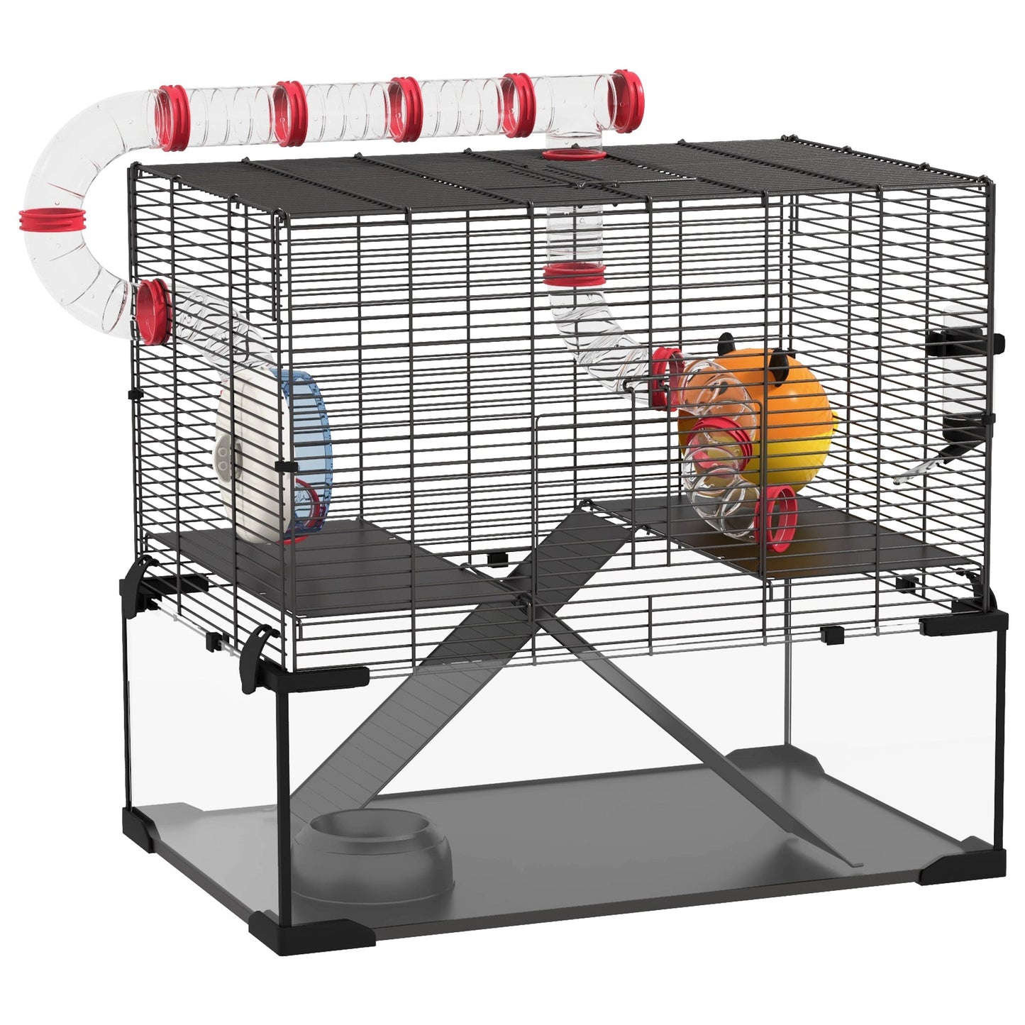 Large Hamster Cage, Gerbil Cage with Deep Glass Bottom, Tunnels, Non-Slip Ramps, Exercise Wheels, Water Bottle, Dish, 60 x 40 x 57cm