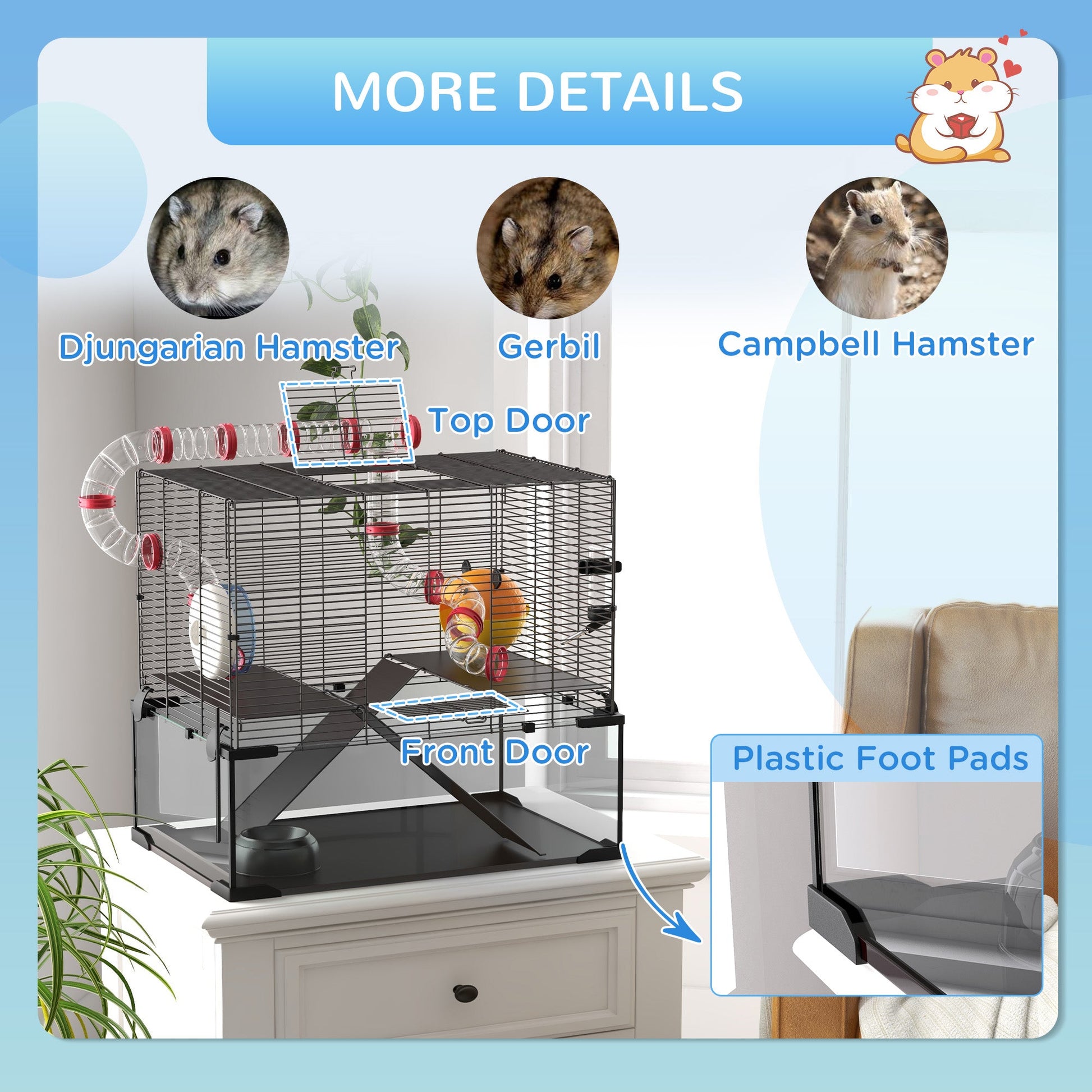 Large Hamster Cage, Gerbil Cage with Deep Glass Bottom, Tunnels, Non-Slip Ramps, Exercise Wheels, Water Bottle, Dish, 60 x 40 x 57cm