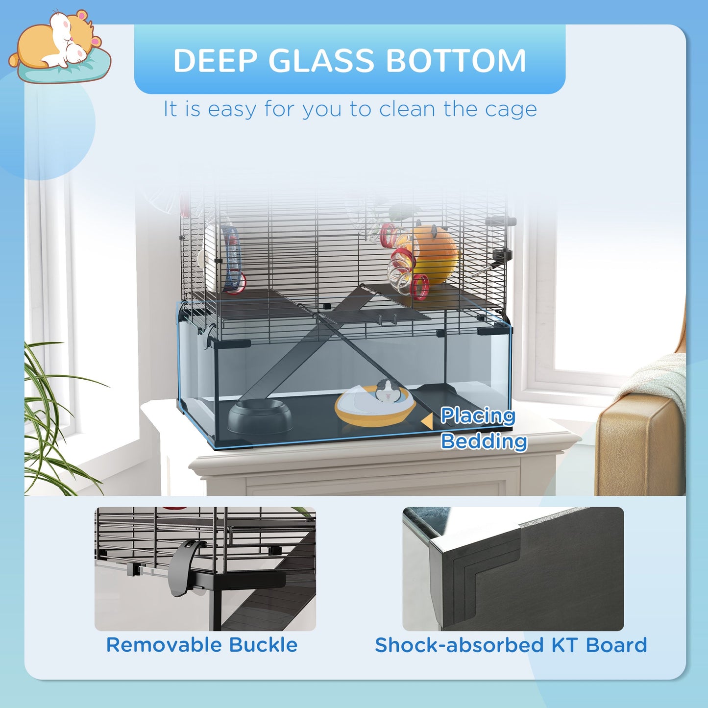 Large Hamster Cage, Gerbil Cage with Deep Glass Bottom, Tunnels, Non-Slip Ramps, Exercise Wheels, Water Bottle, Dish, 60 x 40 x 57cm