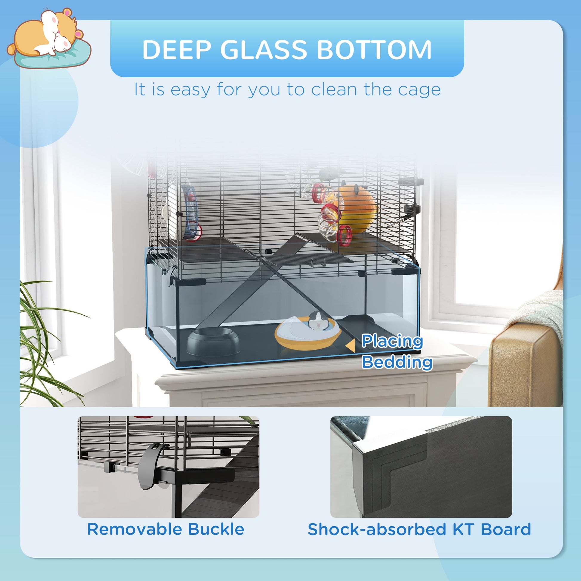 Large Hamster Cage, Gerbil Cage with Deep Glass Bottom, Tunnels, Non-Slip Ramps, Exercise Wheels, Water Bottle, Dish, 60 x 40 x 57cm