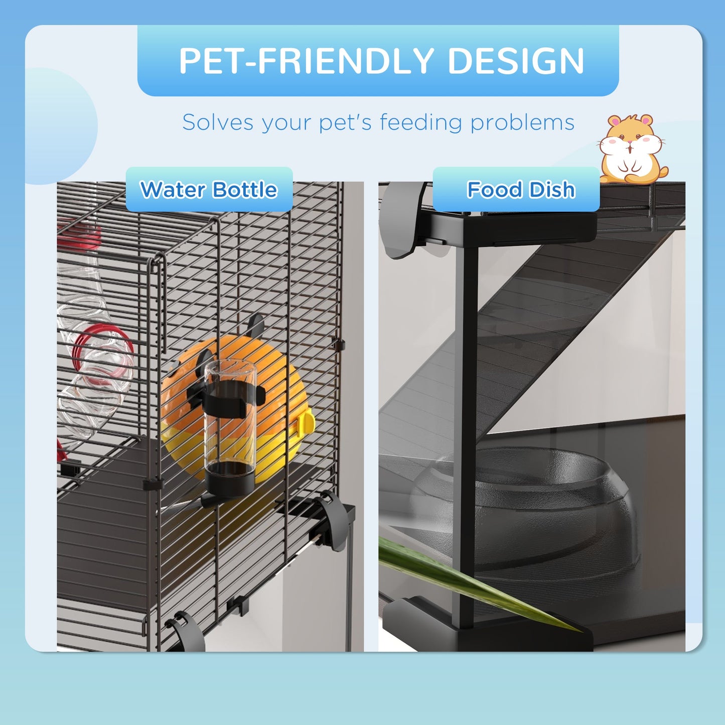 Large Hamster Cage, Gerbil Cage with Deep Glass Bottom, Tunnels, Non-Slip Ramps, Exercise Wheels, Water Bottle, Dish, 60 x 40 x 57cm