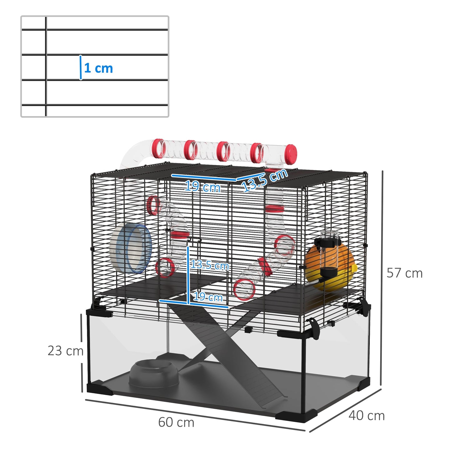 Large Hamster Cage, Gerbil Cage with Deep Glass Bottom, Tunnels, Non-Slip Ramps, Exercise Wheels, Water Bottle, Dish, 60 x 40 x 57cm