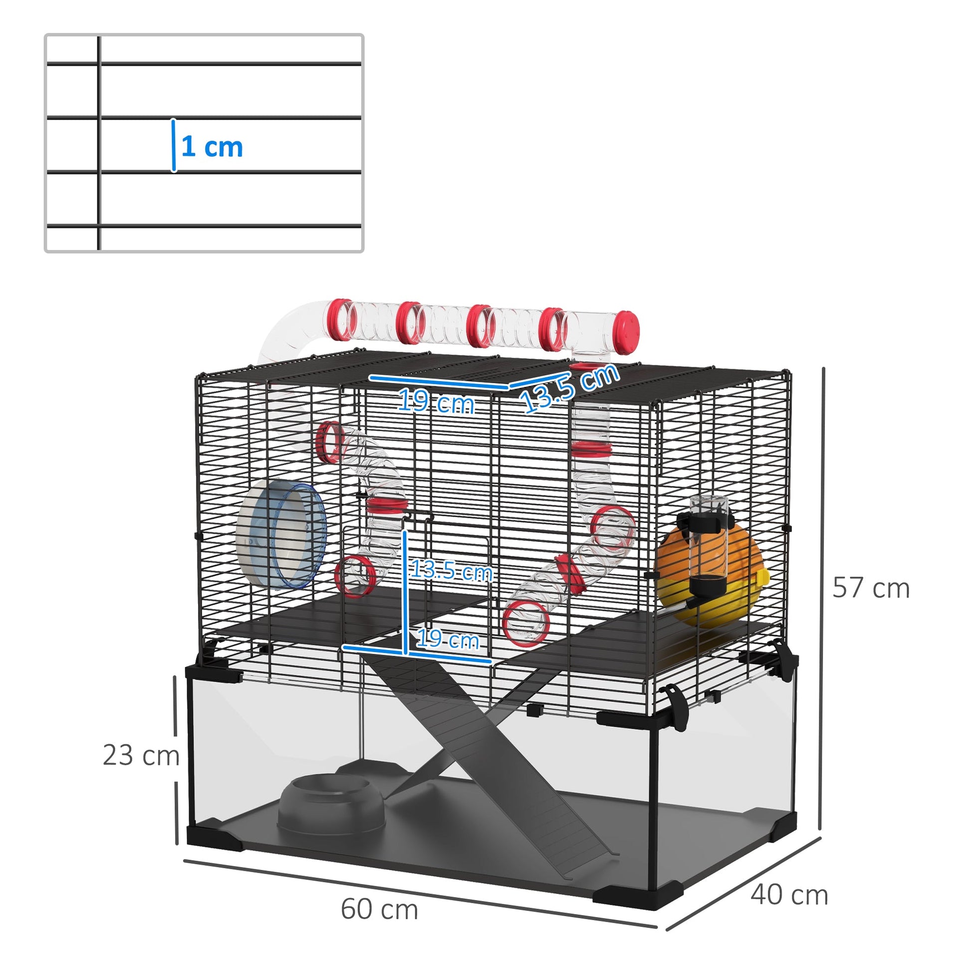 Large Hamster Cage, Gerbil Cage with Deep Glass Bottom, Tunnels, Non-Slip Ramps, Exercise Wheels, Water Bottle, Dish, 60 x 40 x 57cm