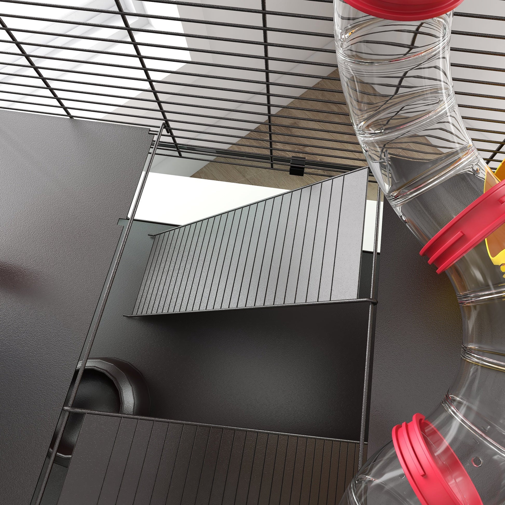 Large Hamster Cage, Gerbil Cage with Deep Glass Bottom, Tunnels, Non-Slip Ramps, Exercise Wheels, Water Bottle, Dish, 60 x 40 x 57cm
