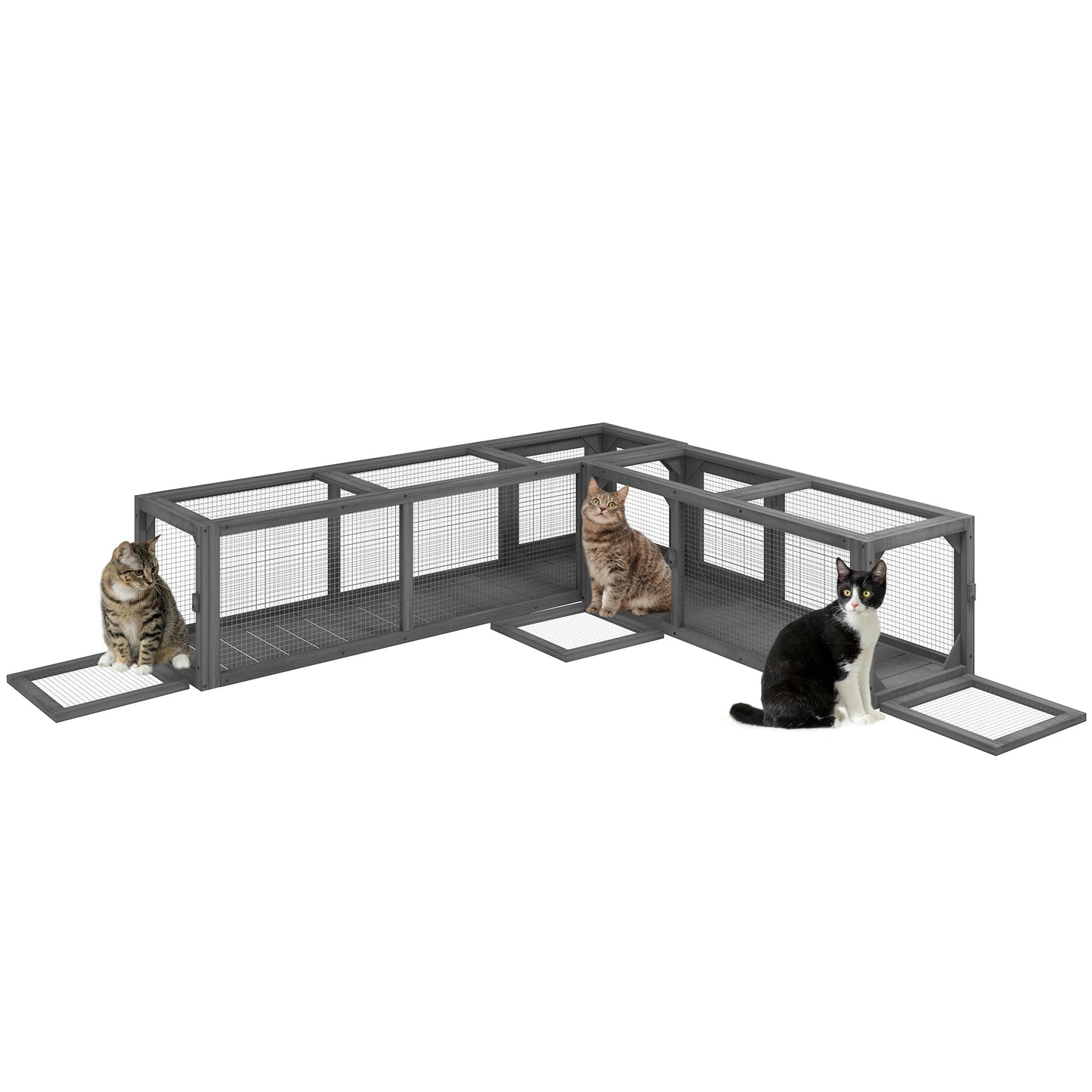 Wooden Cat Tunnel, Cat Play Tunnel 250cm Extra Long, with Eight Doors, L-Shape/Rectangle, for Cat, Rabbit, Puppy, Dark Grey