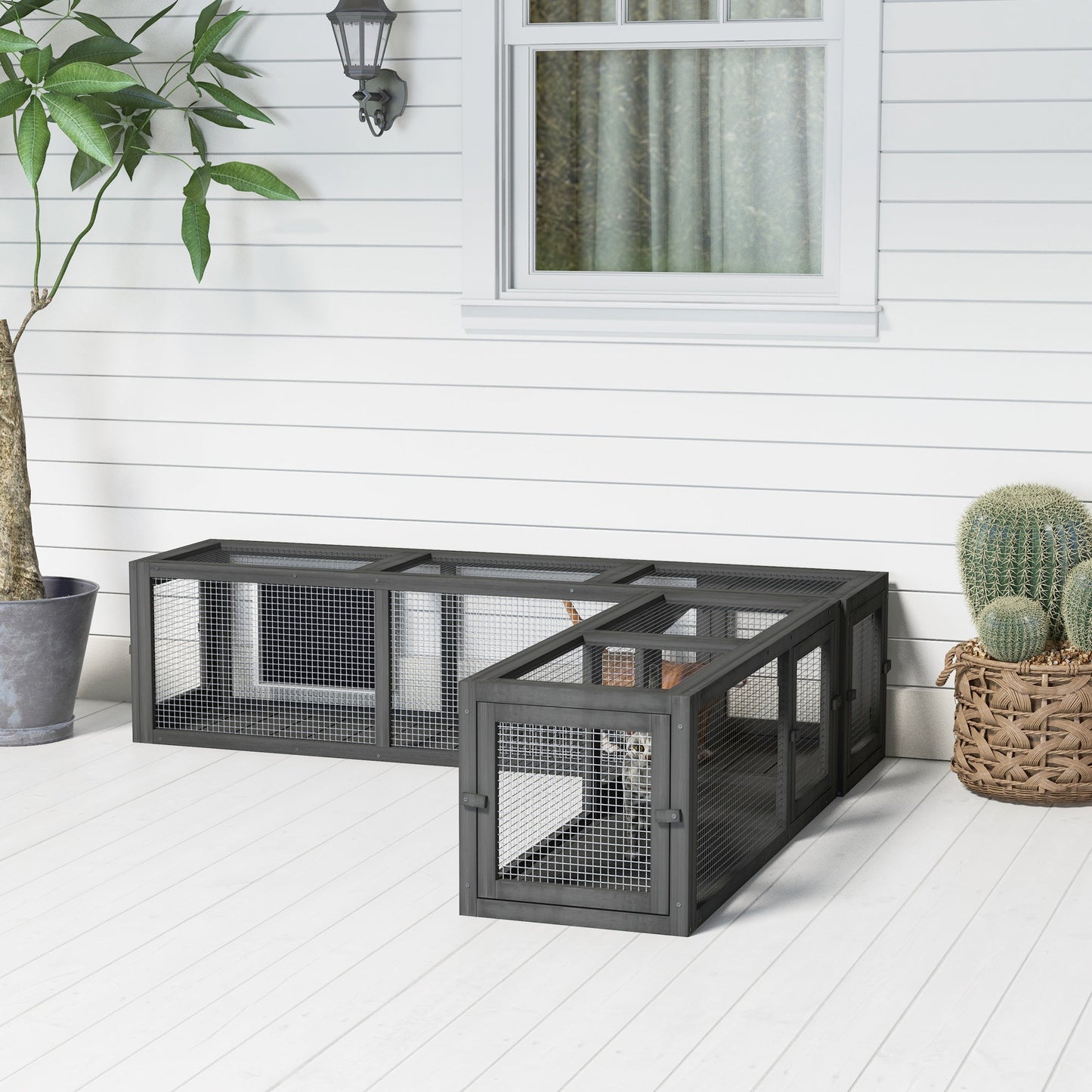 Wooden Cat Tunnel, Cat Play Tunnel 250cm Extra Long, with Eight Doors, L-Shape/Rectangle, for Cat, Rabbit, Puppy, Dark Grey