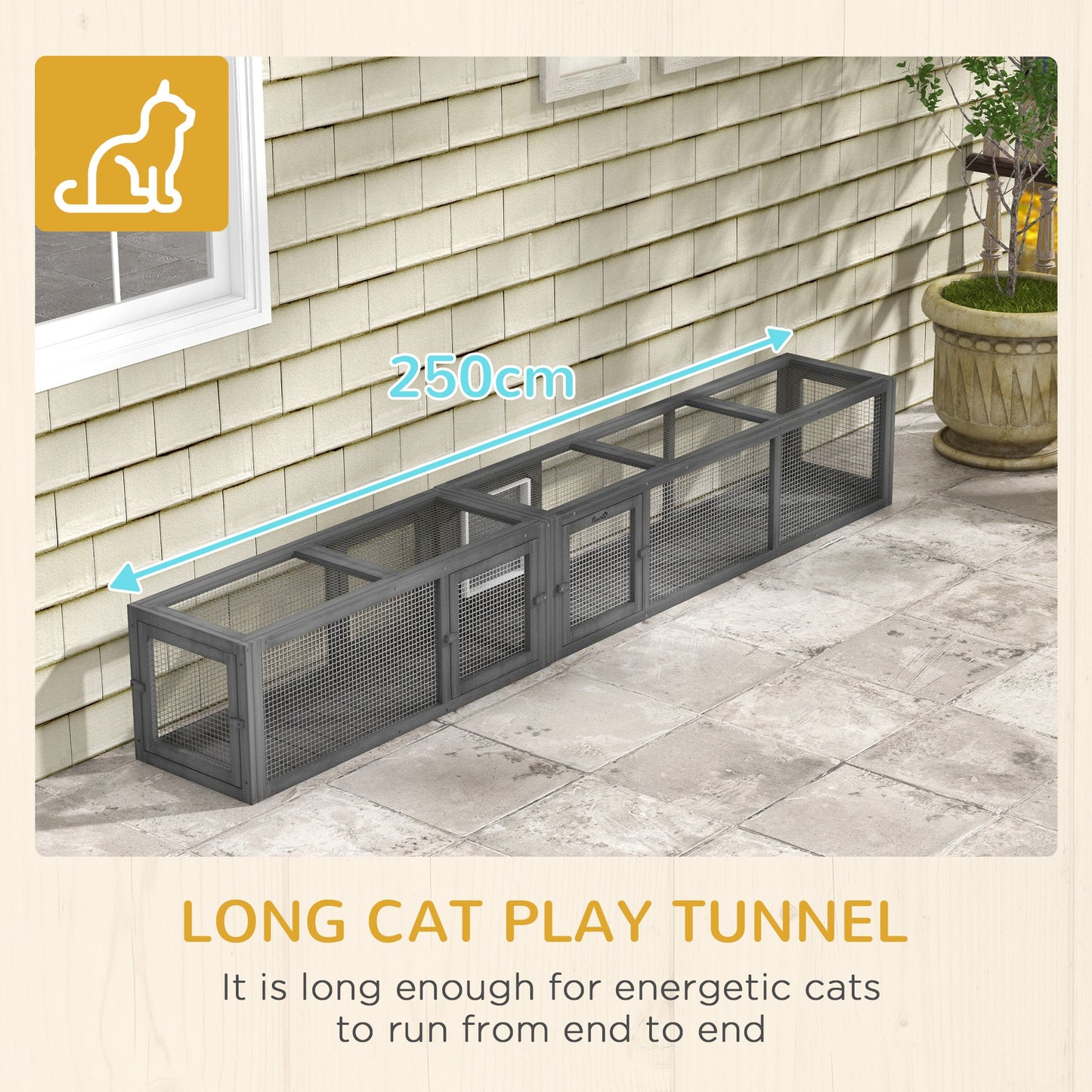Wooden Cat Tunnel, Cat Play Tunnel 250cm Extra Long, with Eight Doors, L-Shape/Rectangle, for Cat, Rabbit, Puppy, Dark Grey