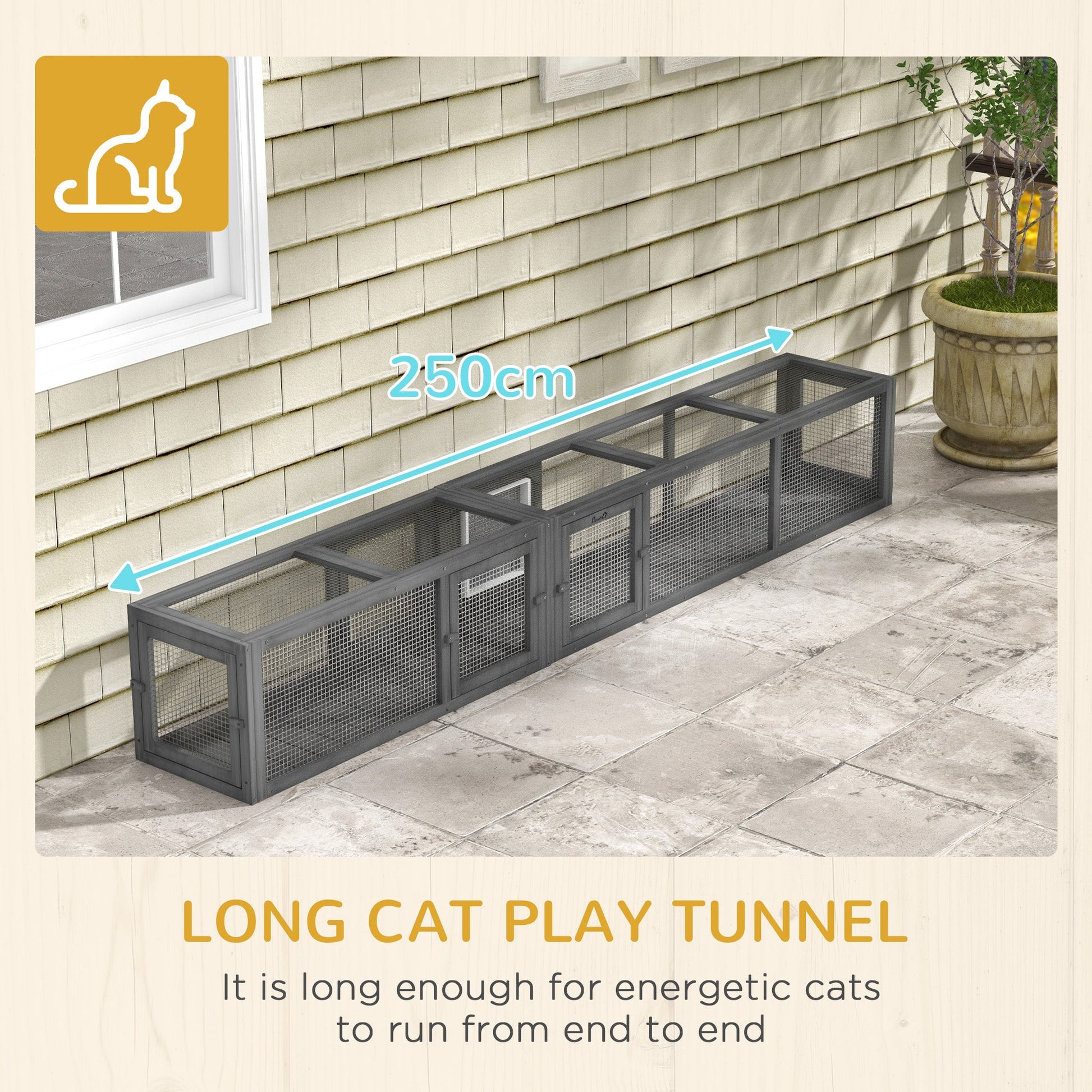 Wooden Cat Tunnel, Cat Play Tunnel 250cm Extra Long, with Eight Doors, L-Shape/Rectangle, for Cat, Rabbit, Puppy, Dark Grey