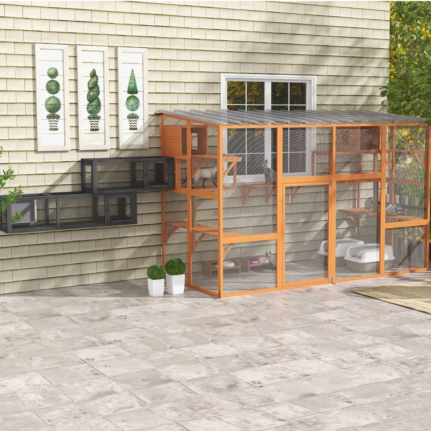 Wooden Cat Tunnel, Cat Play Tunnel 250cm Extra Long, with Eight Doors, L-Shape/Rectangle, for Cat, Rabbit, Puppy, Dark Grey