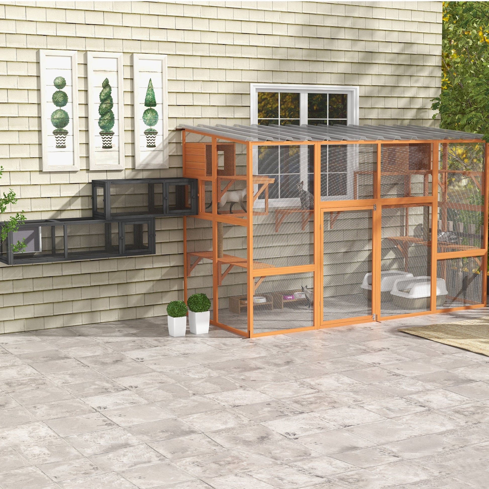 Wooden Cat Tunnel, Cat Play Tunnel 250cm Extra Long, with Eight Doors, L-Shape/Rectangle, for Cat, Rabbit, Puppy, Dark Grey