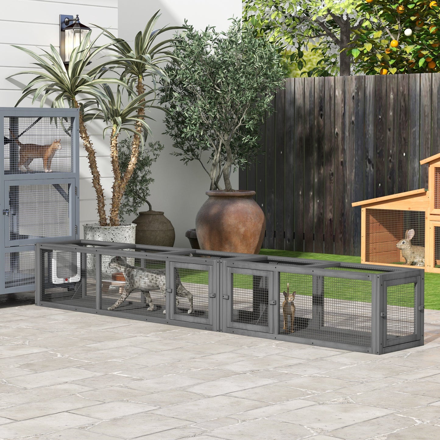 Wooden Cat Tunnel, Cat Play Tunnel 250cm Extra Long, with Eight Doors, L-Shape/Rectangle, for Cat, Rabbit, Puppy, Dark Grey
