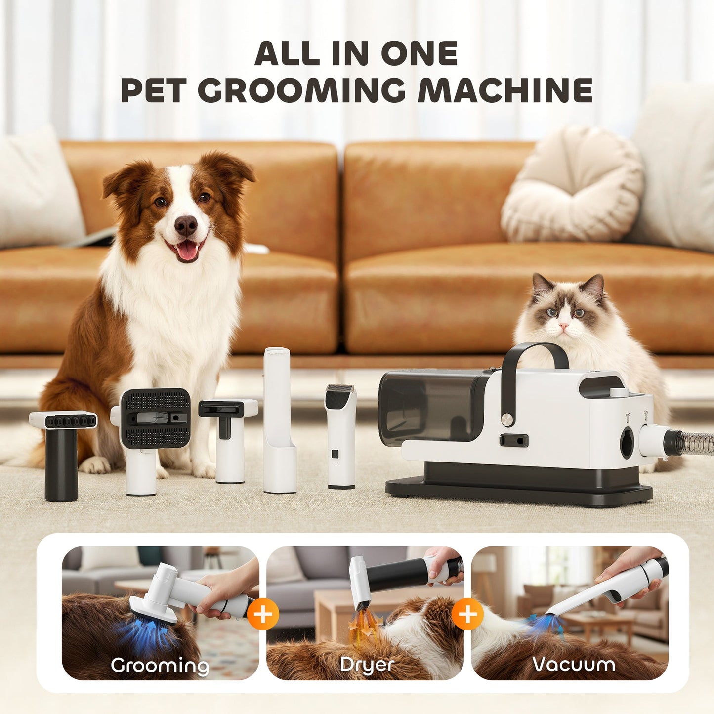 Dog Grooming Vacuum & Dryer Kit, 5 in 1 Dog Hair Dryer with Clippers for Thick Short Long Hair Shedding Brush, 12000 Pa Suction Power Vacuum, 4 Modes Blow Temperature