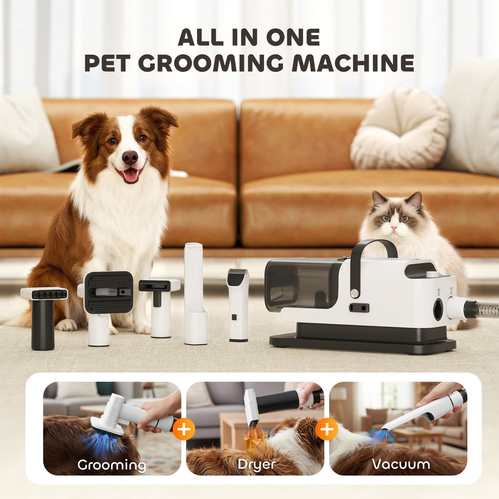 Dog Grooming Vacuum & Dryer Kit, 5 in 1 Dog Hair Dryer with Clippers for Thick Short Long Hair Shedding Brush, 12000 Pa Suction Power Vacuum, 4 Modes Blow Temperature