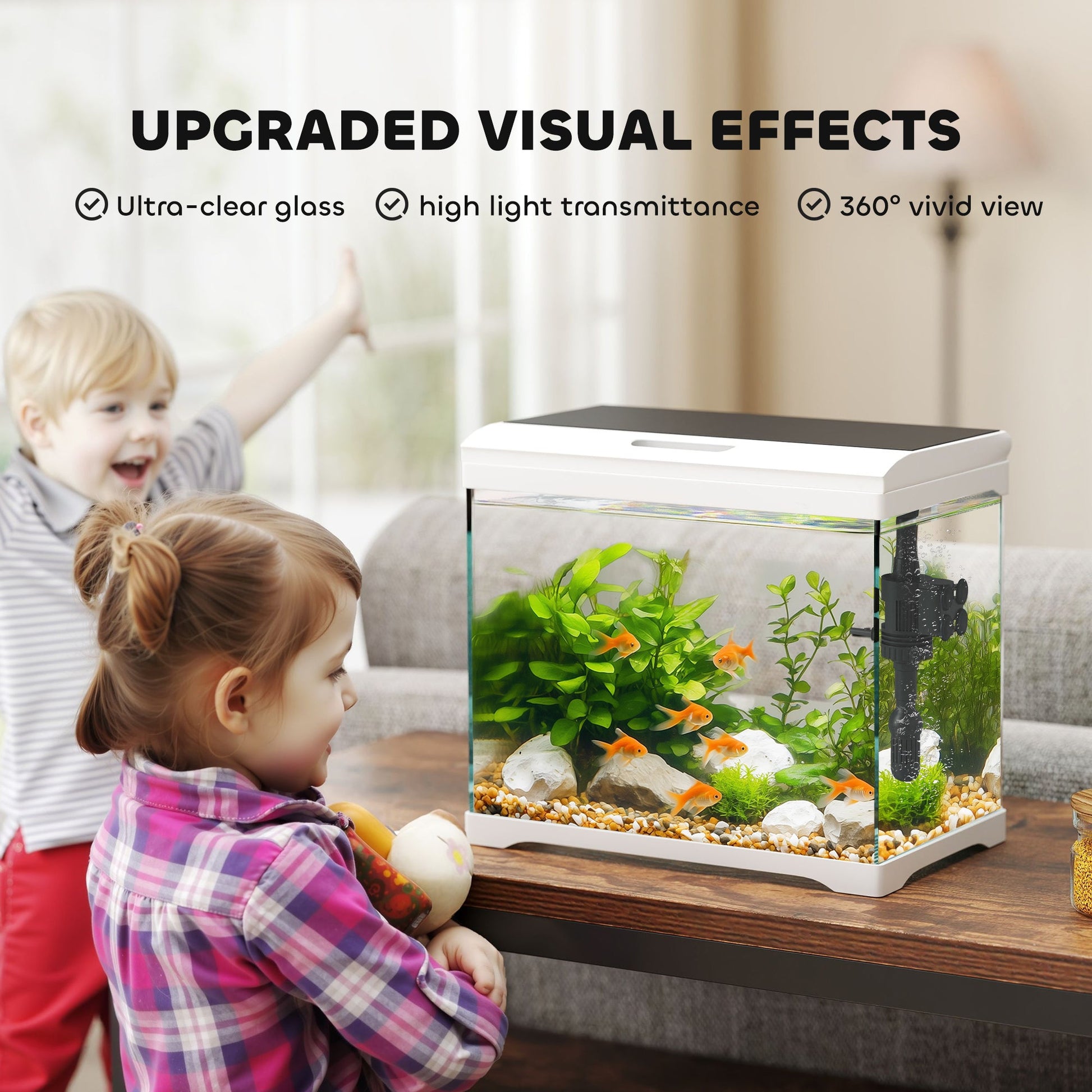 17L Fish Tank, Glass Aquarium with Filter System, LED Light, Water Pump, Fish Tank Starter Kits for Betta, Goldfish, Shrimps, White
