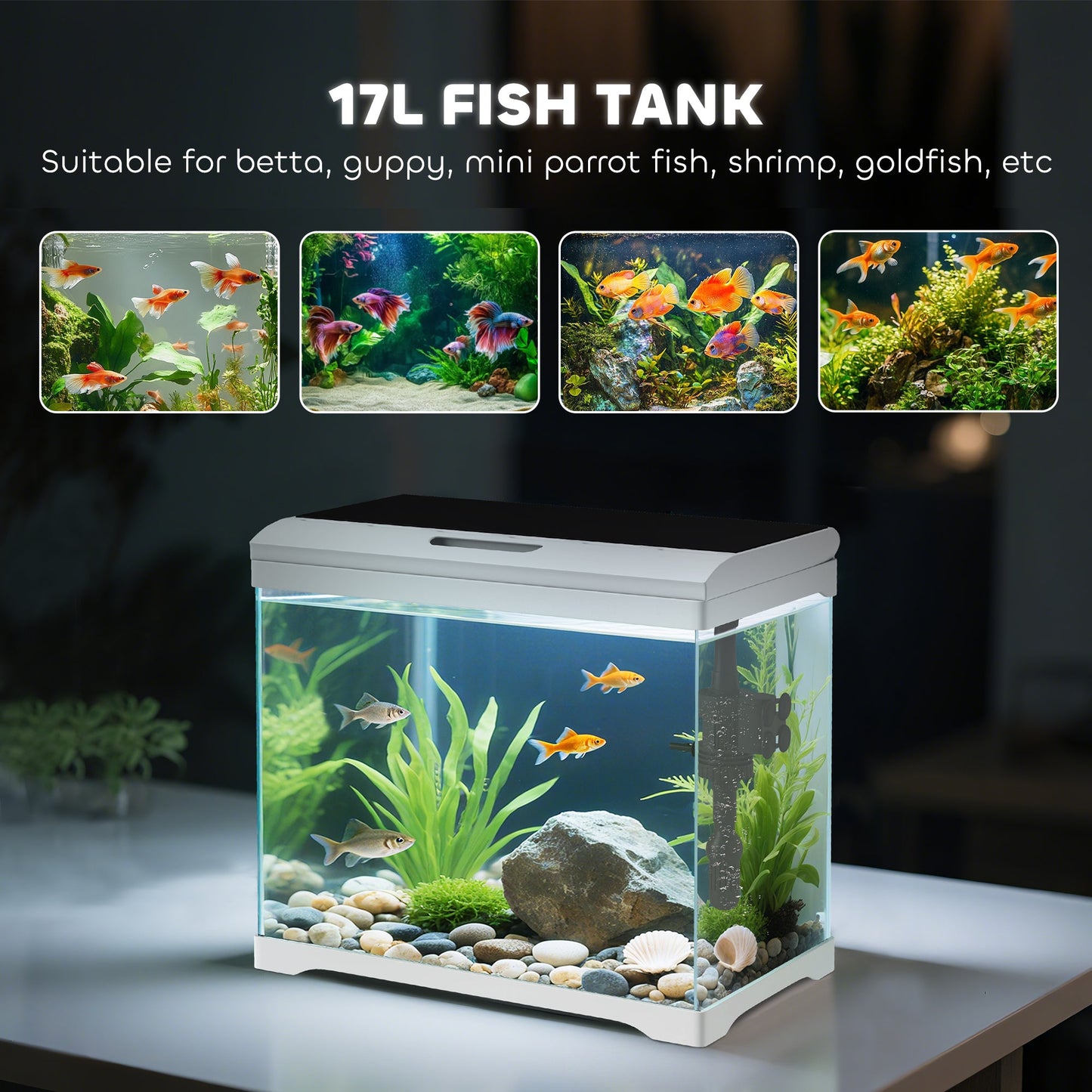 17L Fish Tank, Glass Aquarium with Filter System, LED Light, Water Pump, Fish Tank Starter Kits for Betta, Goldfish, Shrimps, White