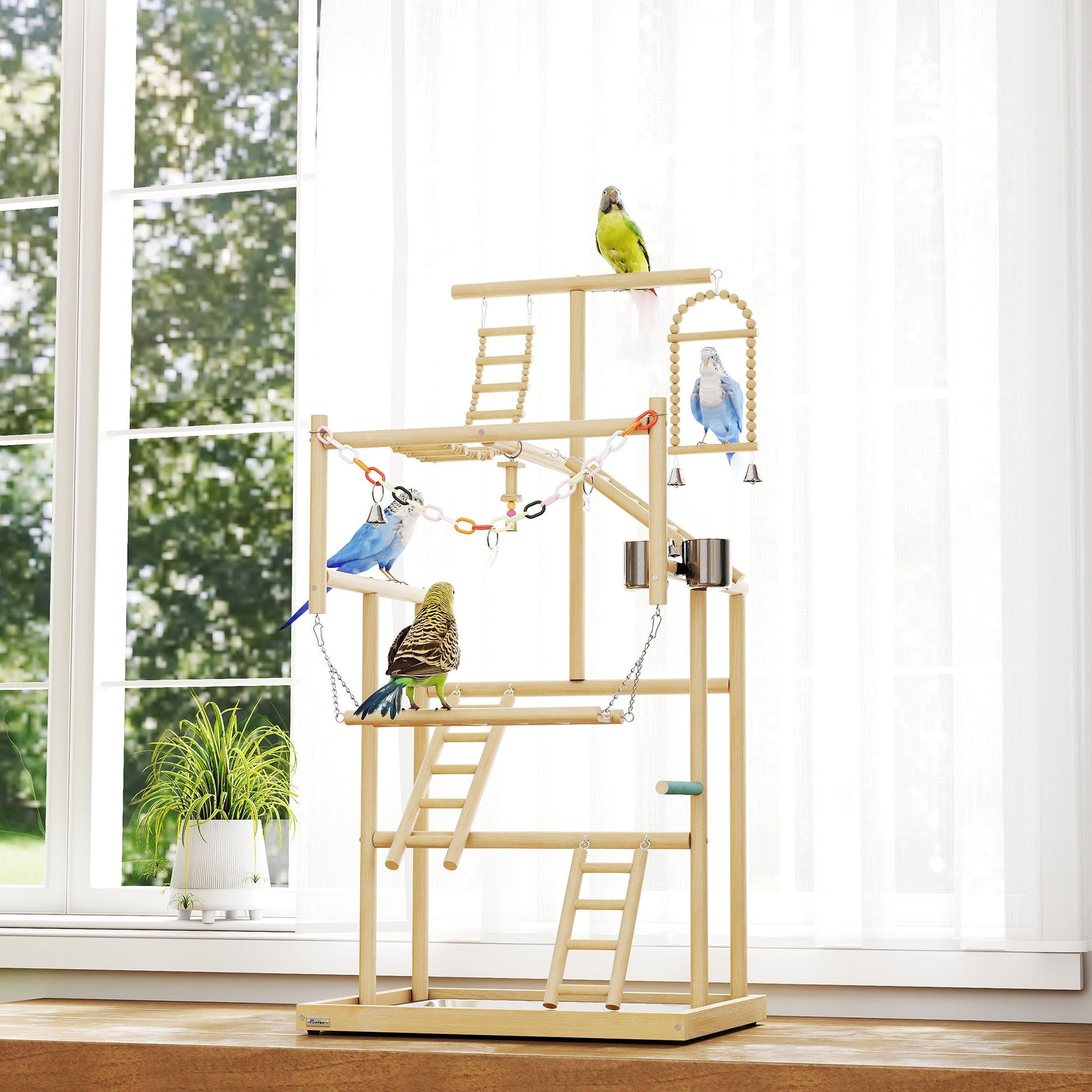 Parrot Play Stand, 95 cm Wooden Bird Playground with Ladders, Chain Toy, Stainless Steel Cups and Tray, Bird Cage Accessories for Parakeets, Cockatiels, Finches, Lovebirds, Budgie
