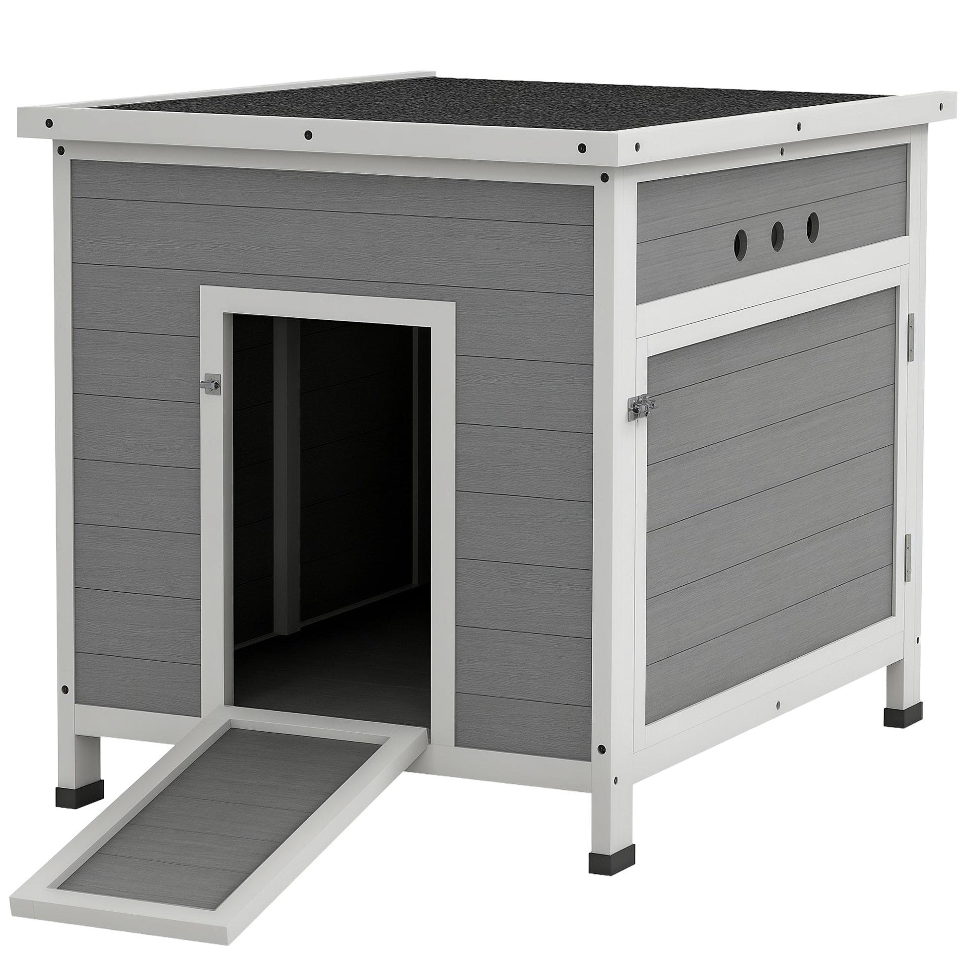 Wooden Duck House, Raised Poultry Coop with Ramp, Double Doors, Openable Asphalt Roof, Ventilation Holes, Removable Base, for 2-4 Ducks, Chickens, Geese, Light Grey