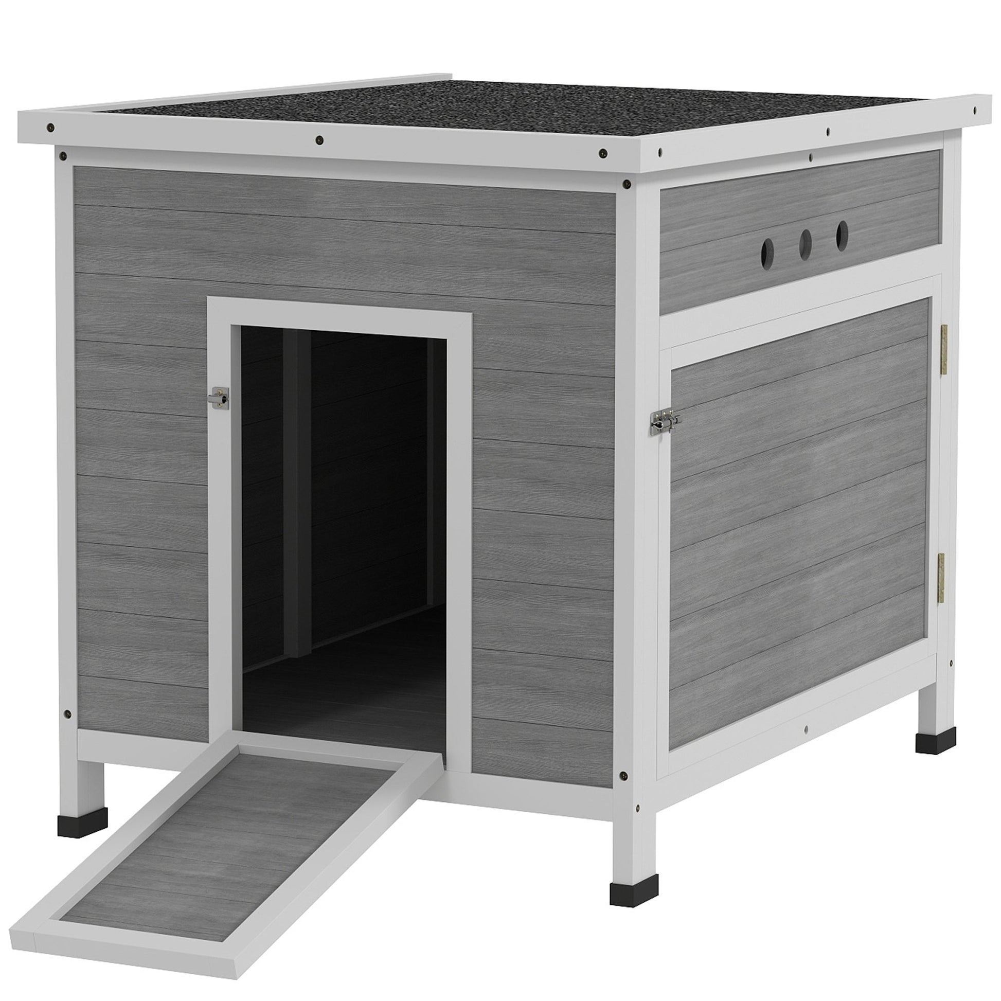 Wooden Duck House, Raised Poultry Coop with Ramp, Double Doors, Openable Asphalt Roof, Ventilation Holes, Removable Base, for 2-4 Ducks, Chickens, Geese, Light Grey
