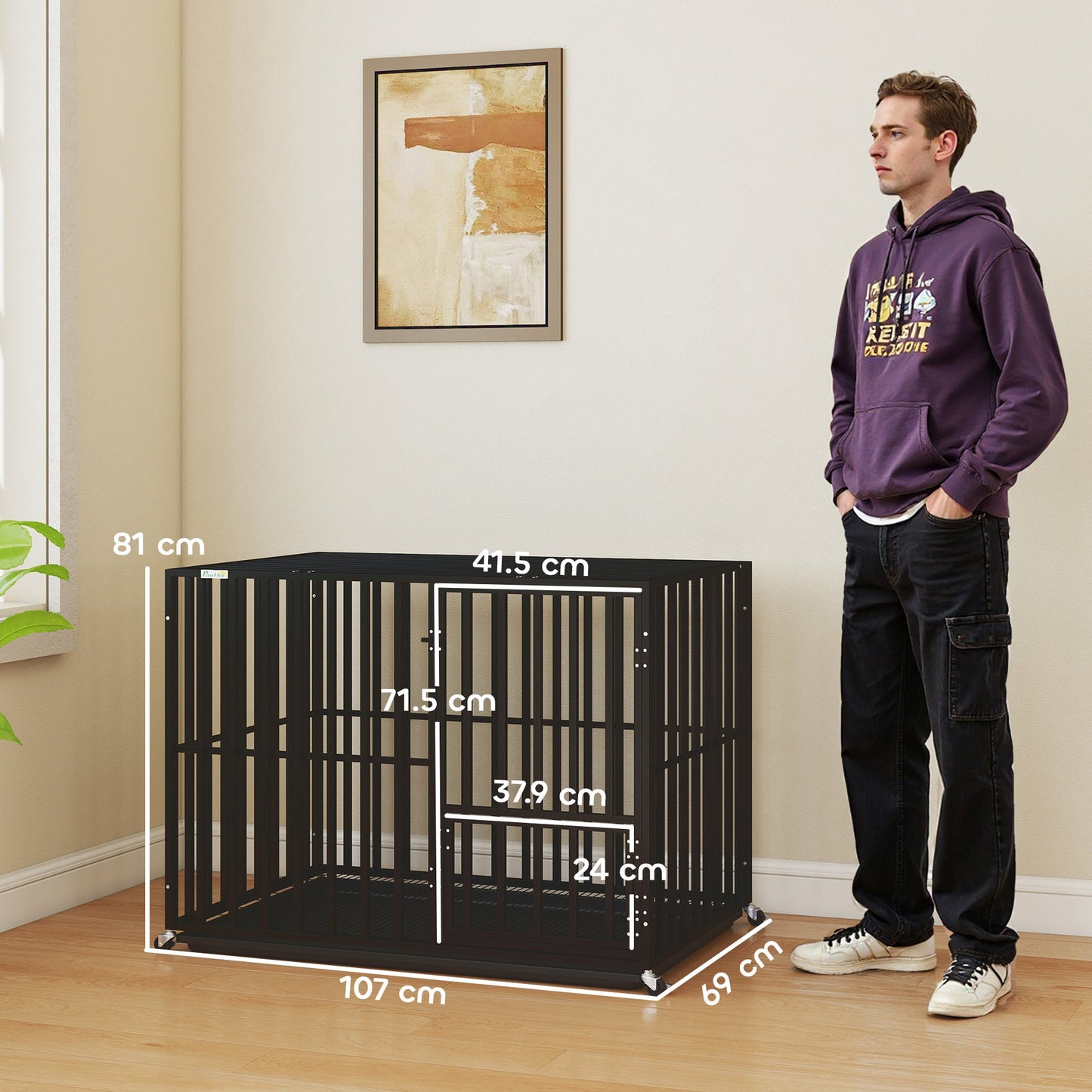 Heavy Duty Dog Crate, Dog Cage with Wheels for Extra Large Breeds, Metal Pet Crate with Removable Tray and 3 Doors for Indoor & Outdoor, 107 x 69 x 81 cm, Black