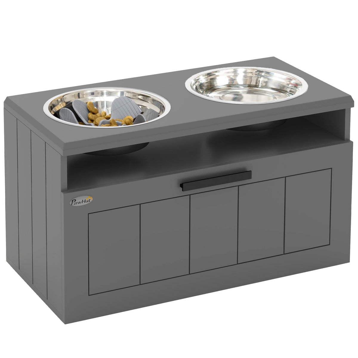 Raised Dog Bowl, Elevated Pet Bowls with Slow Feeder, Two Stainless Steel Bowls, Drawer, for Large & Extra Large Dogs, Grey
