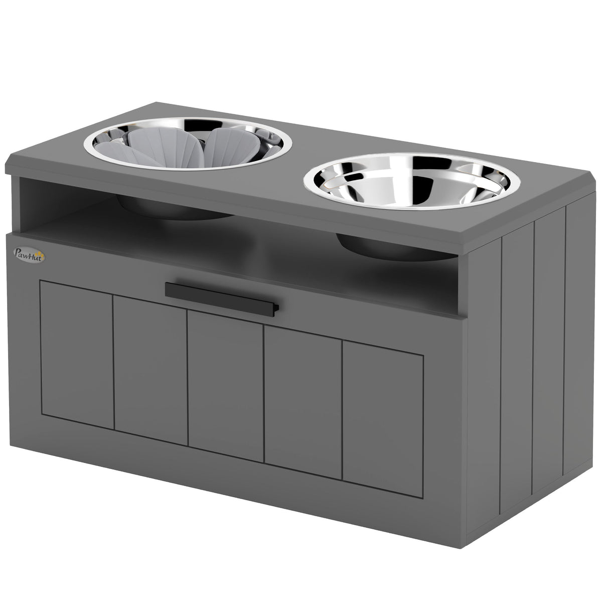Raised Dog Bowl, Elevated Pet Bowls with Slow Feeder, Two Stainless Steel Bowls, Drawer, for Large & Extra Large Dogs, Grey