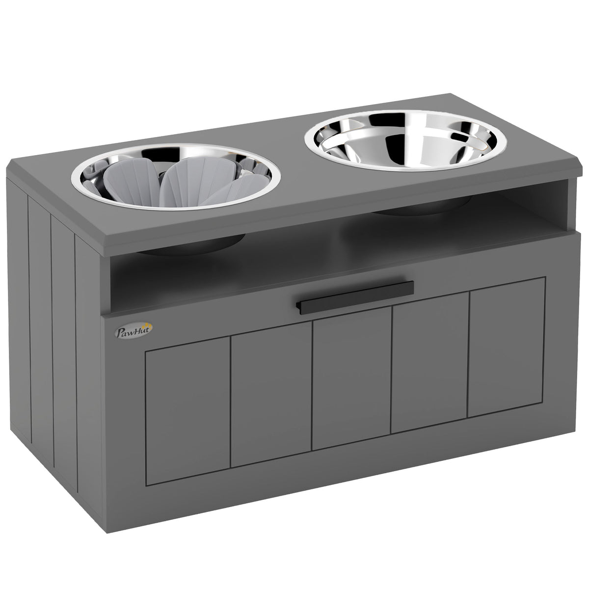 Raised Dog Bowl, Elevated Pet Bowls with Slow Feeder, Two Stainless Steel Bowls, Drawer, for Large & Extra Large Dogs, Grey
