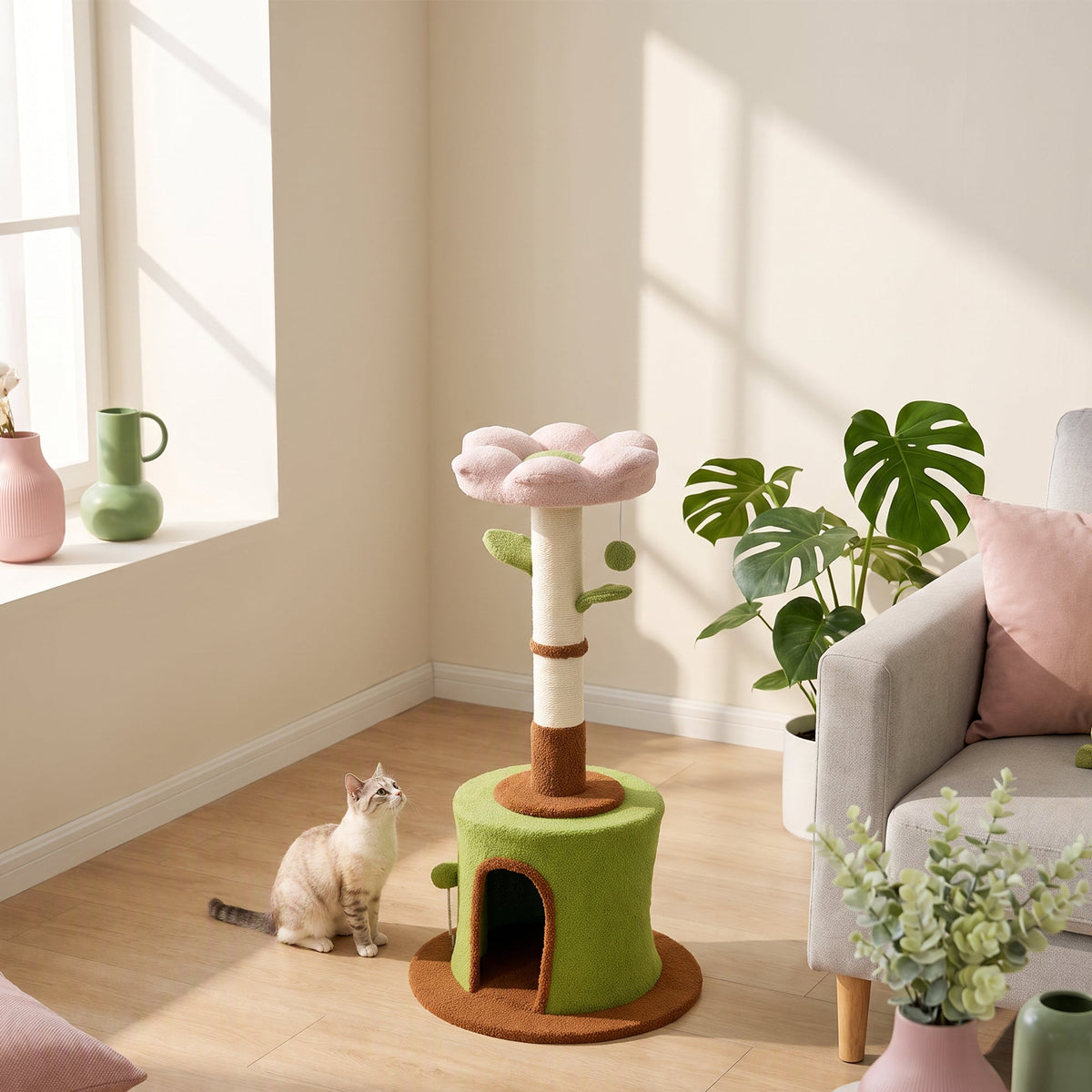 Cat Tree for Indoor Kittens, 88cm Flower Cat Tower with Condo & Bed, Scratching Post, 2 Toy Balls and 2 Crinkle Leaves, Kitty Activity Centre for Playing and Resting
