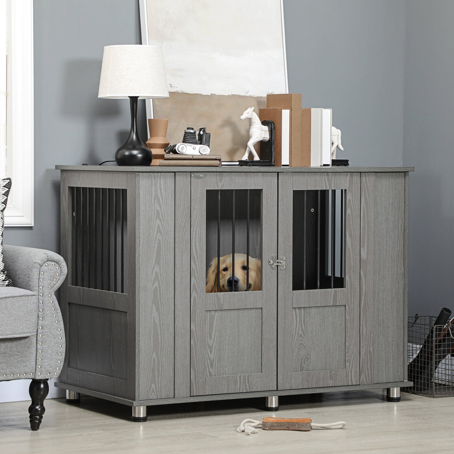 Dog Crate Furniture End Table, Pet Kennel for Extra Large Dogs with Magnetic Door Indoor Animal Cage, Grey, 114 x 60 x 82 cm