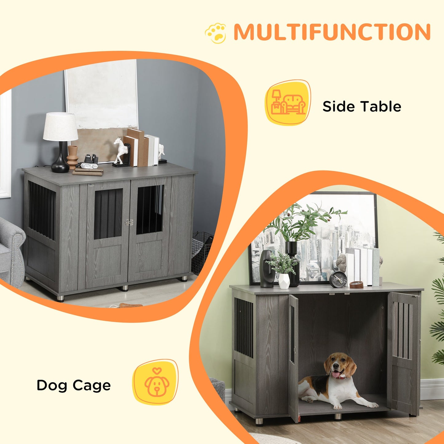 Dog Crate Furniture End Table, Pet Kennel for Extra Large Dogs with Magnetic Door Indoor Animal Cage, Grey, 114 x 60 x 82 cm