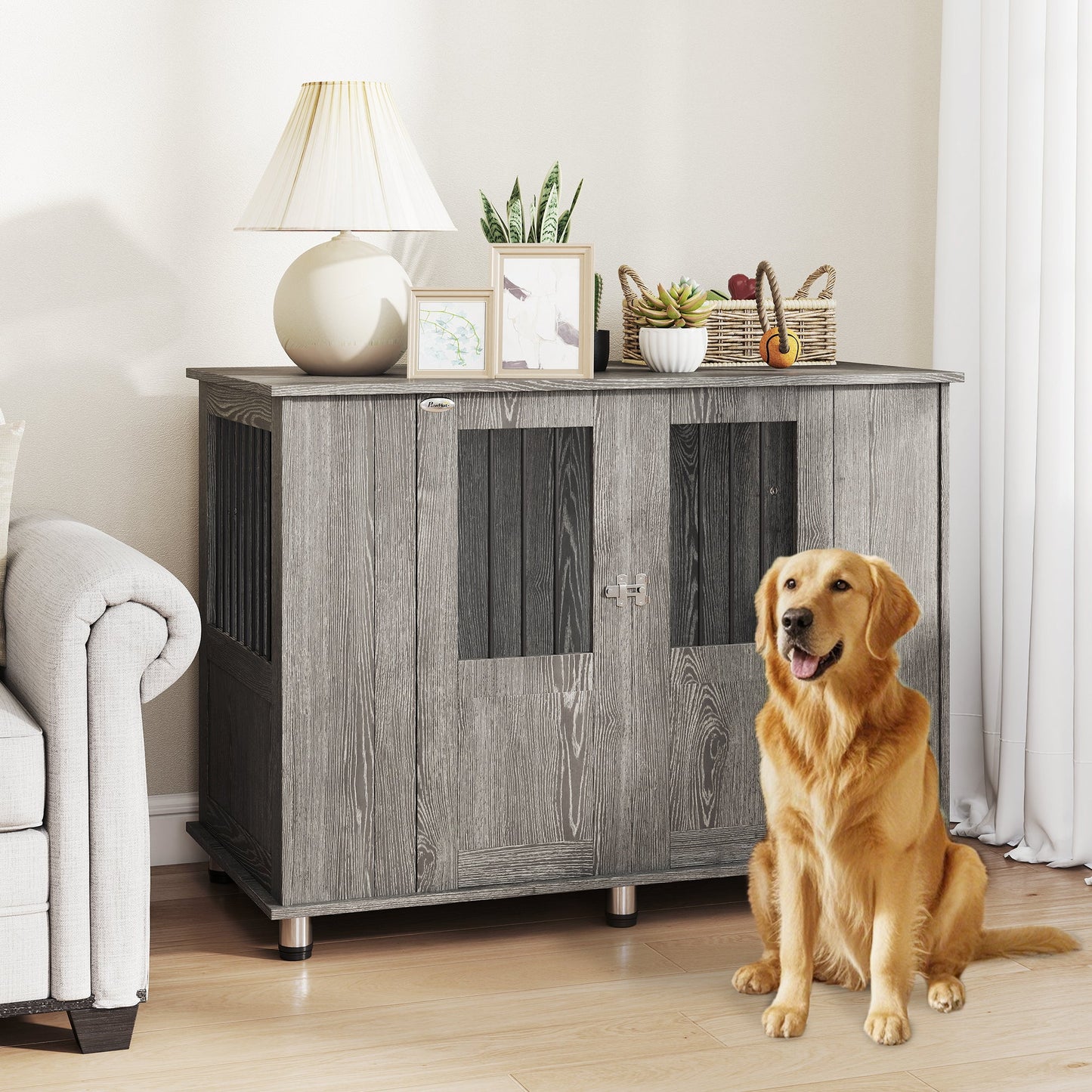 Dog Crate Furniture End Table, Pet Kennel for Extra Large Dogs with Magnetic Door Indoor Animal Cage, Grey, 114 x 60 x 82 cm