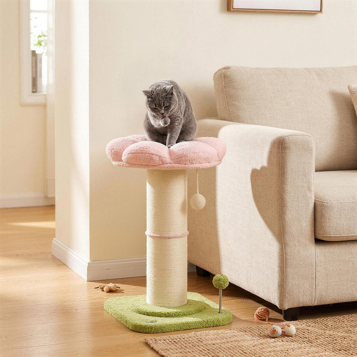 Cat Tree, Flower Cat Scratching Post with Thick Sisal Post, Dangling & Spring Balls, Bed, Kitty Activity Centre for Indoor Kittens, Stable Structure, Easy to Assemble, Pink