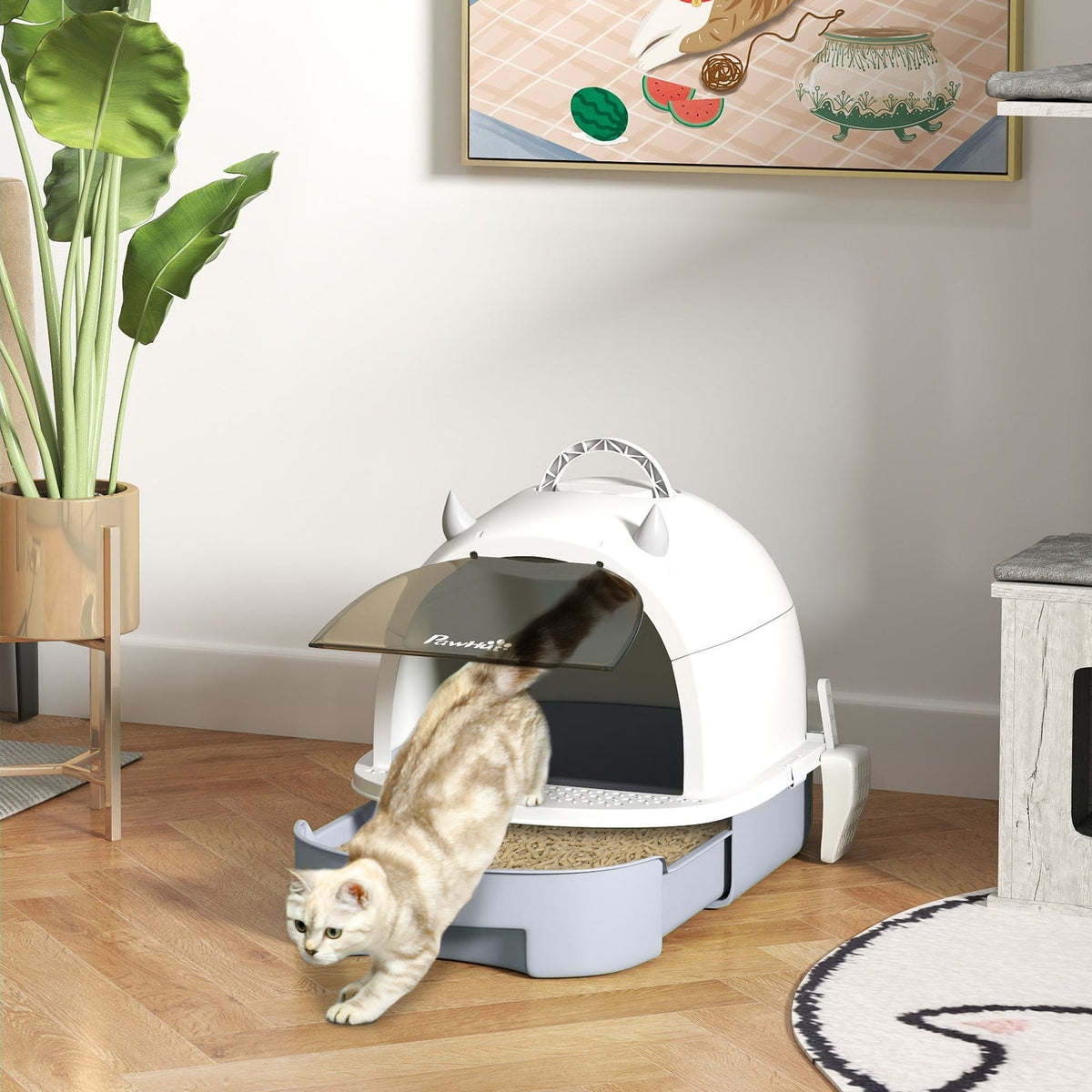 Cat Litter Tray with Lid, Enclosed Cat Litter Box with Pull-Out Drawer, Scoop, Deodorising Bags for Odour Control, Privacy, Portable, Easy to Clean, Grey