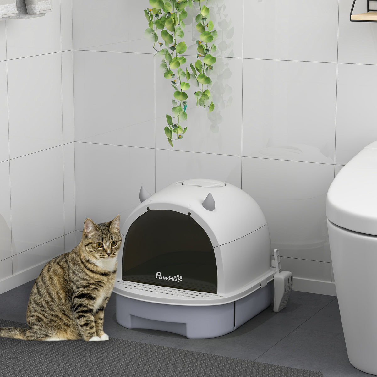Cat Litter Tray with Lid, Enclosed Cat Litter Box with Pull-Out Drawer, Scoop, Deodorising Bags for Odour Control, Privacy, Portable, Easy to Clean, Grey
