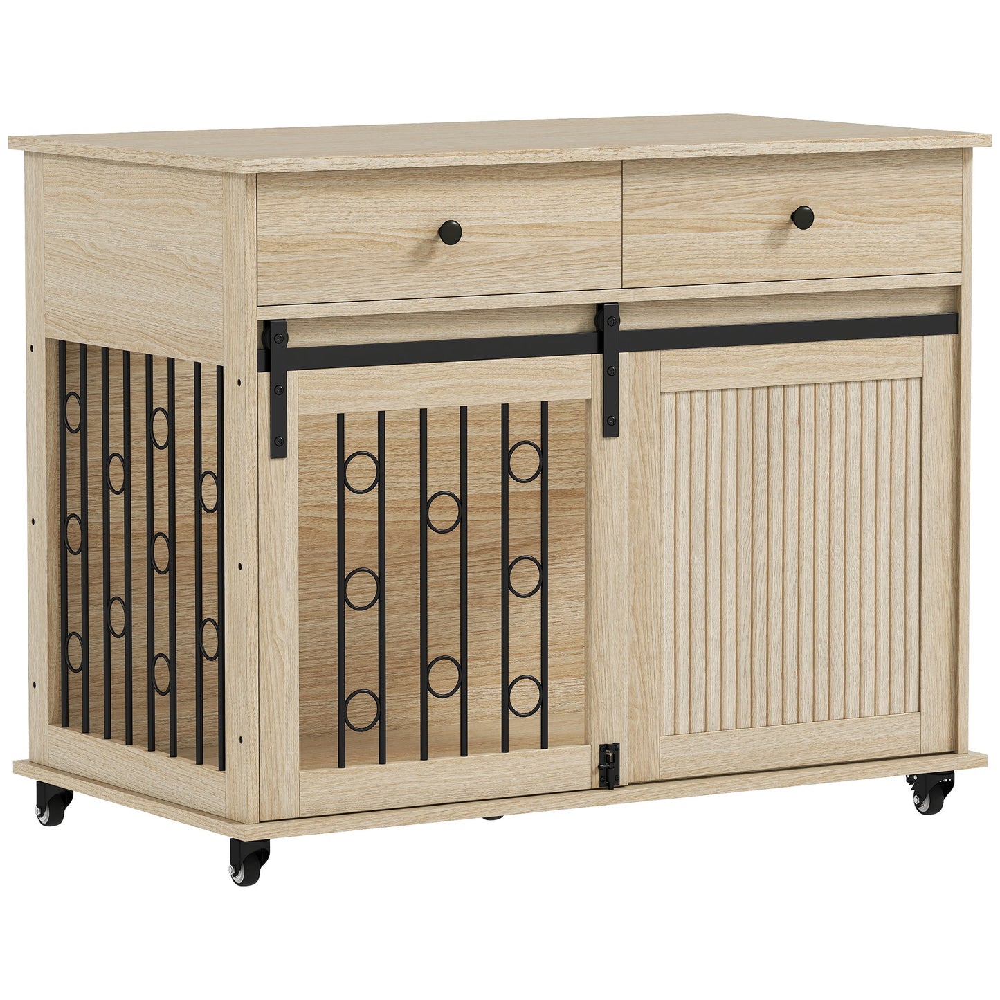 Dog Crate Furniture on Wheels, Dog Cage with 2 Drawers, Sliding Door, Indoor Kennel End Side Table for Medium Large Breeds, Oak Tone