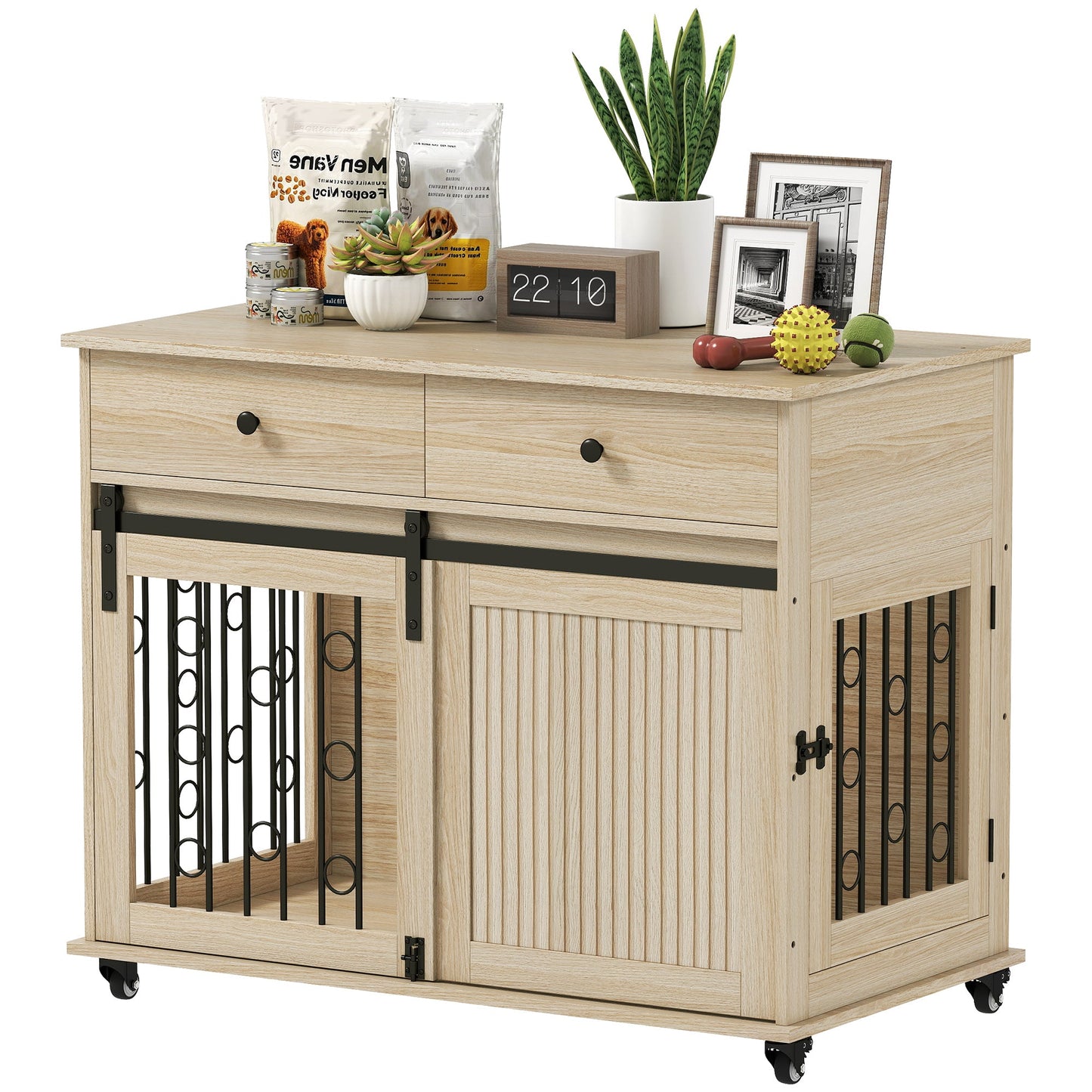 Dog Crate Furniture on Wheels, Dog Cage with 2 Drawers, Sliding Door, Indoor Kennel End Side Table for Medium Large Breeds, Oak Tone