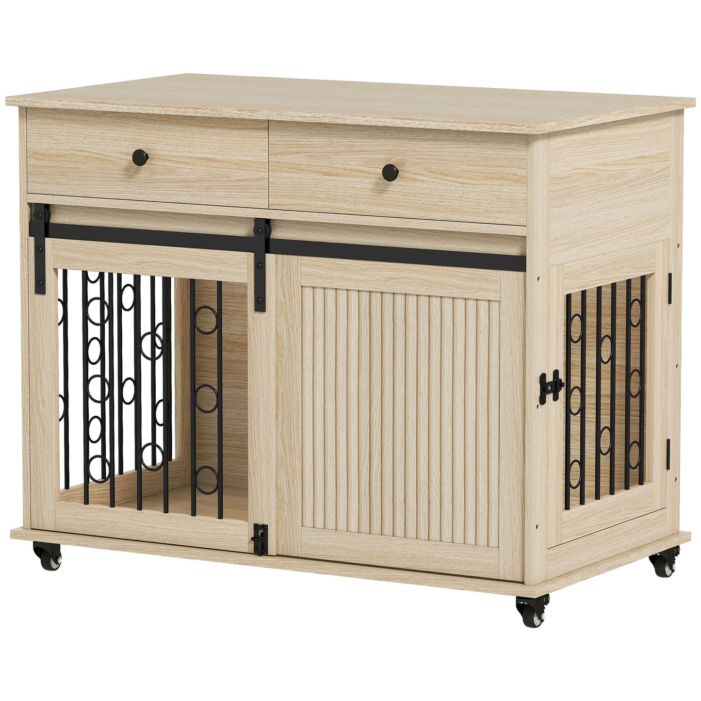 Dog Crate Furniture on Wheels, Dog Cage with 2 Drawers, Sliding Door, Indoor Kennel End Side Table for Medium Large Breeds, Oak Tone
