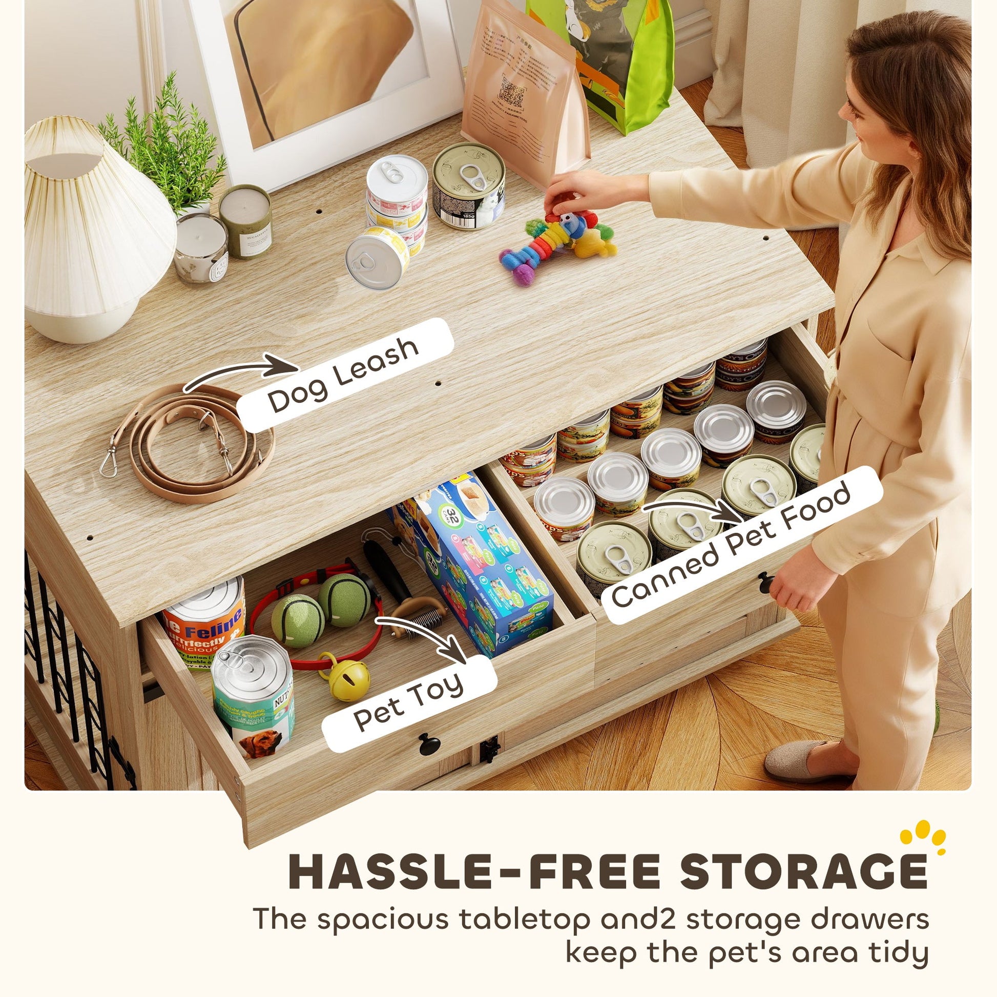 Dog Crate Furniture on Wheels, Dog Cage with 2 Drawers, Sliding Door, Indoor Kennel End Side Table for Medium Large Breeds, Oak Tone